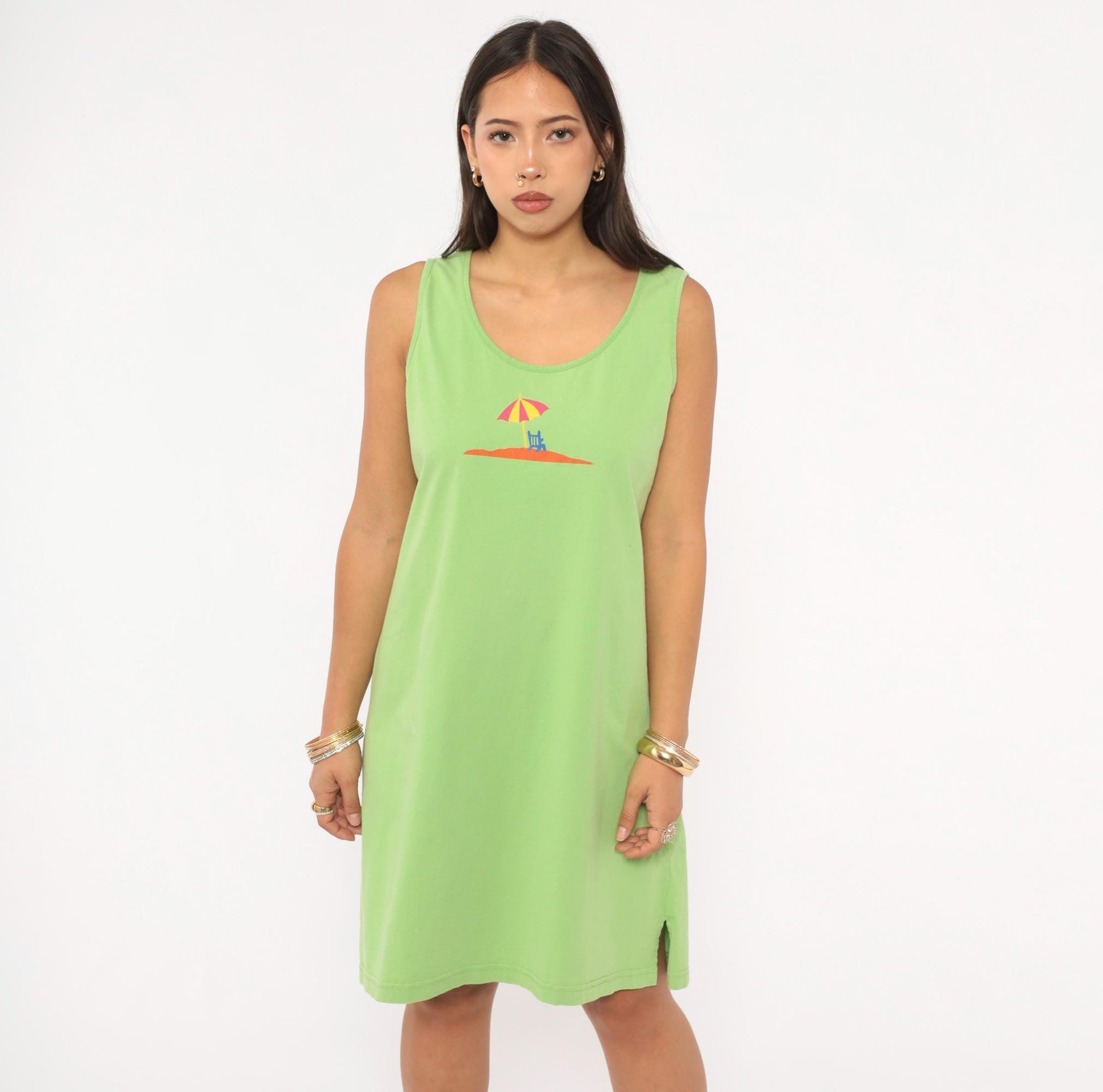 90s Jennifer Moore Beach Umbrella Tank Dress Sage Green Cotton Large L