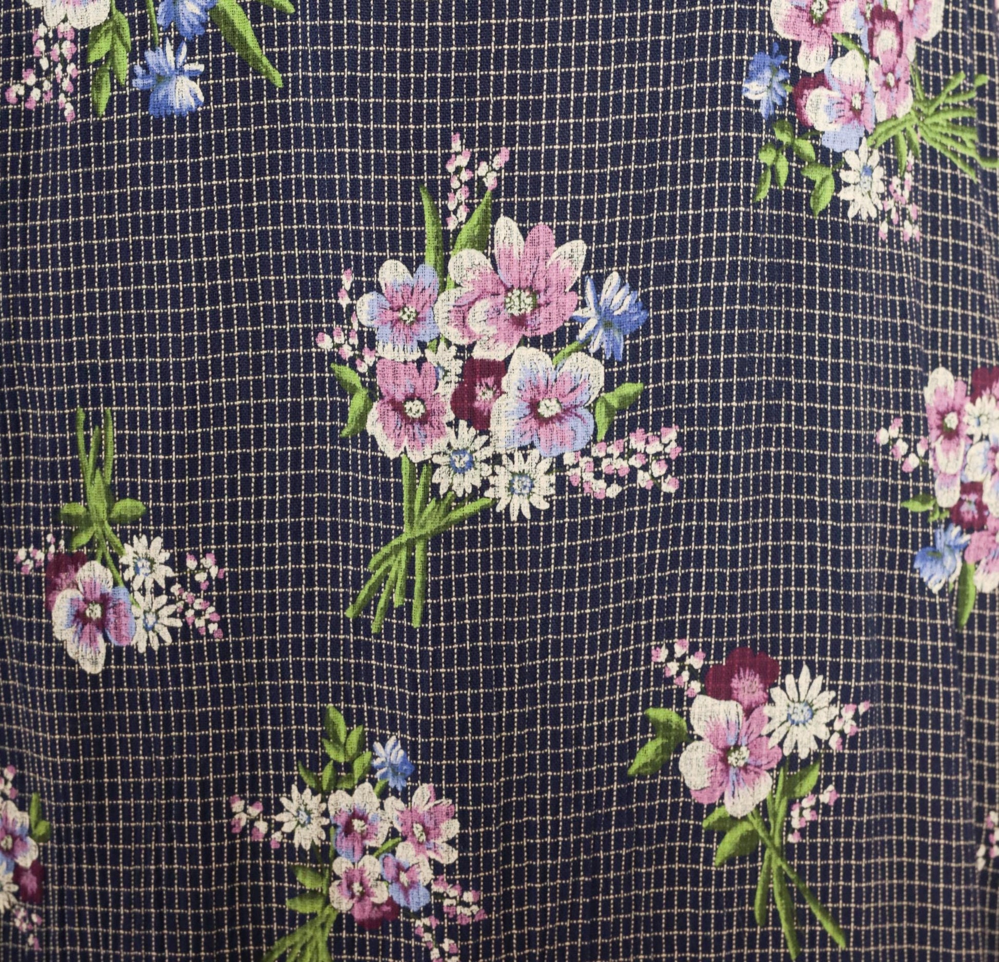 90s Gianfranco Bassi Floral Midi Dress Navy Bouquet Sand Bodice Medium