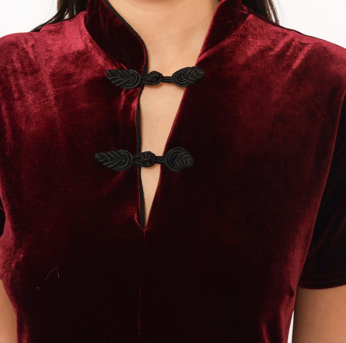 90s Dressing Clio Burgundy Velvet Cheongsam Maxi Dress Mandarin Collar Medium M