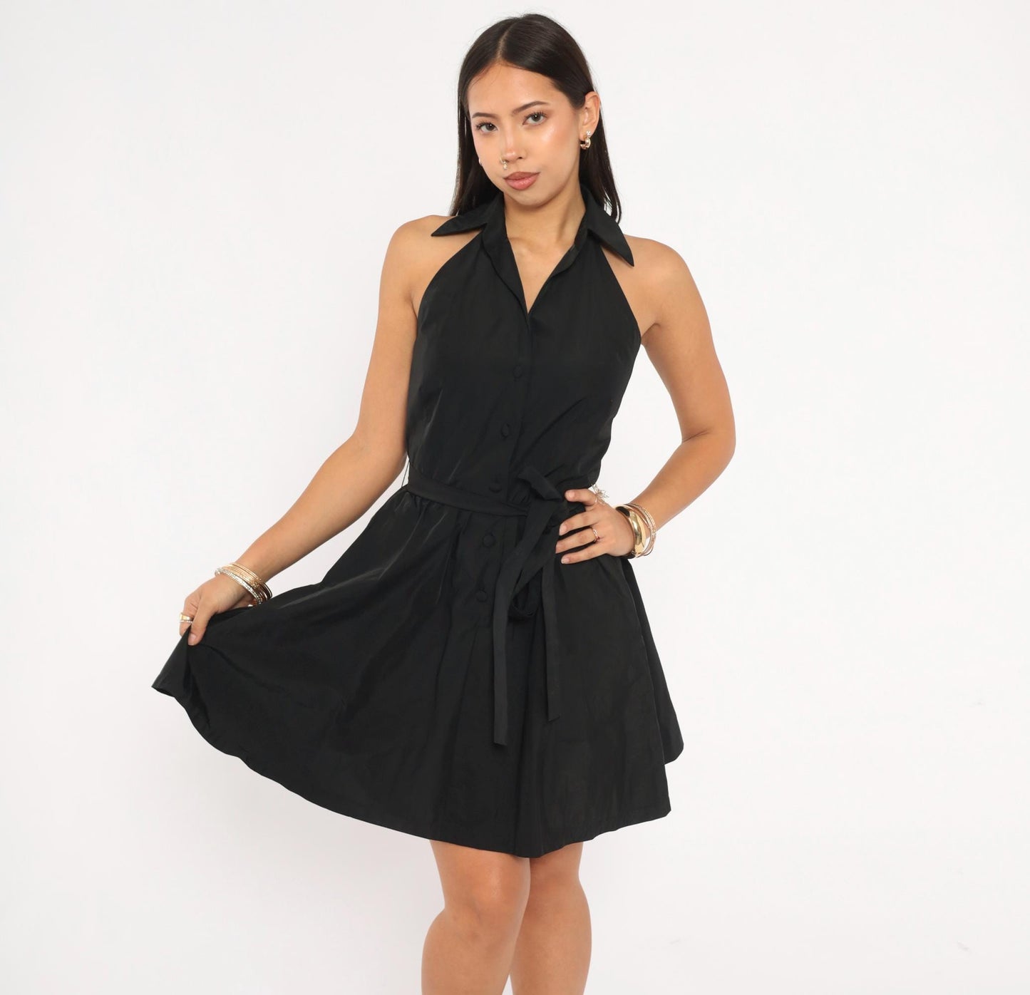 Calvin Klein Halter Mini Dress Black Button Front Open Back Tie Waist Extra Small XS