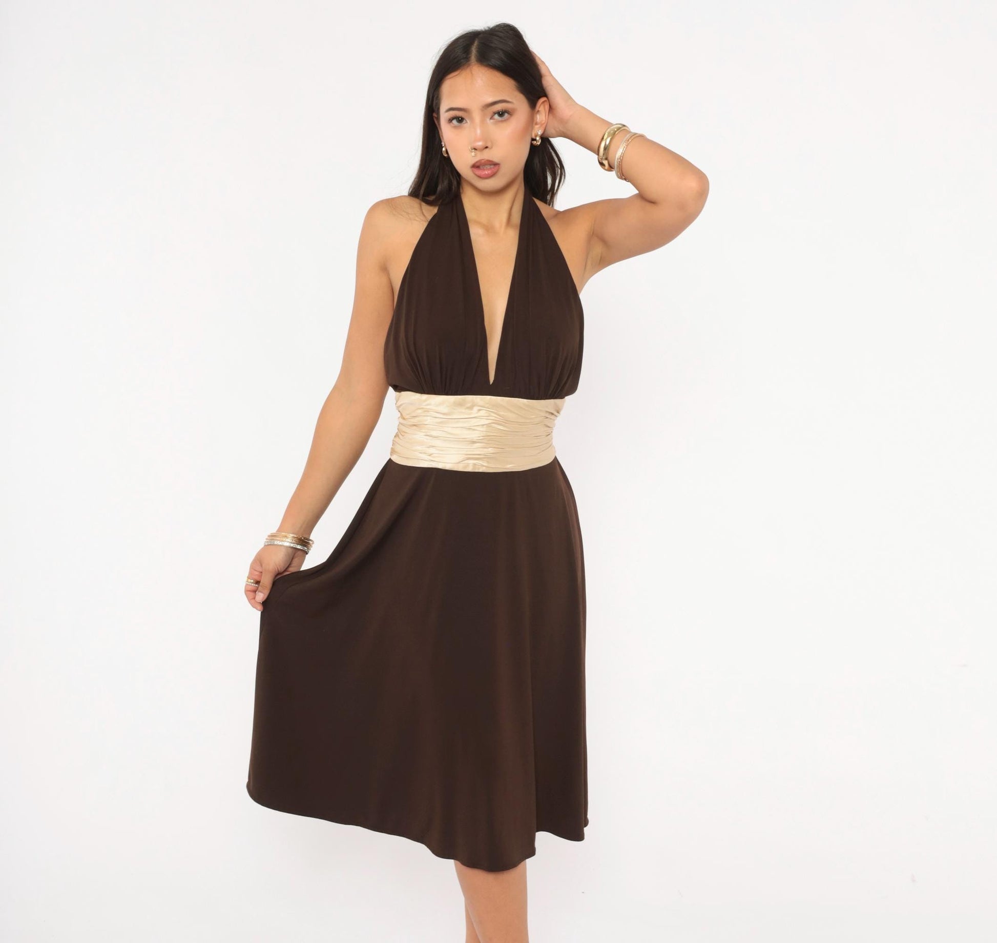 Maggy London Chocolate Halter Dress Silk Sash Deep V Open Back Knee Length Medium