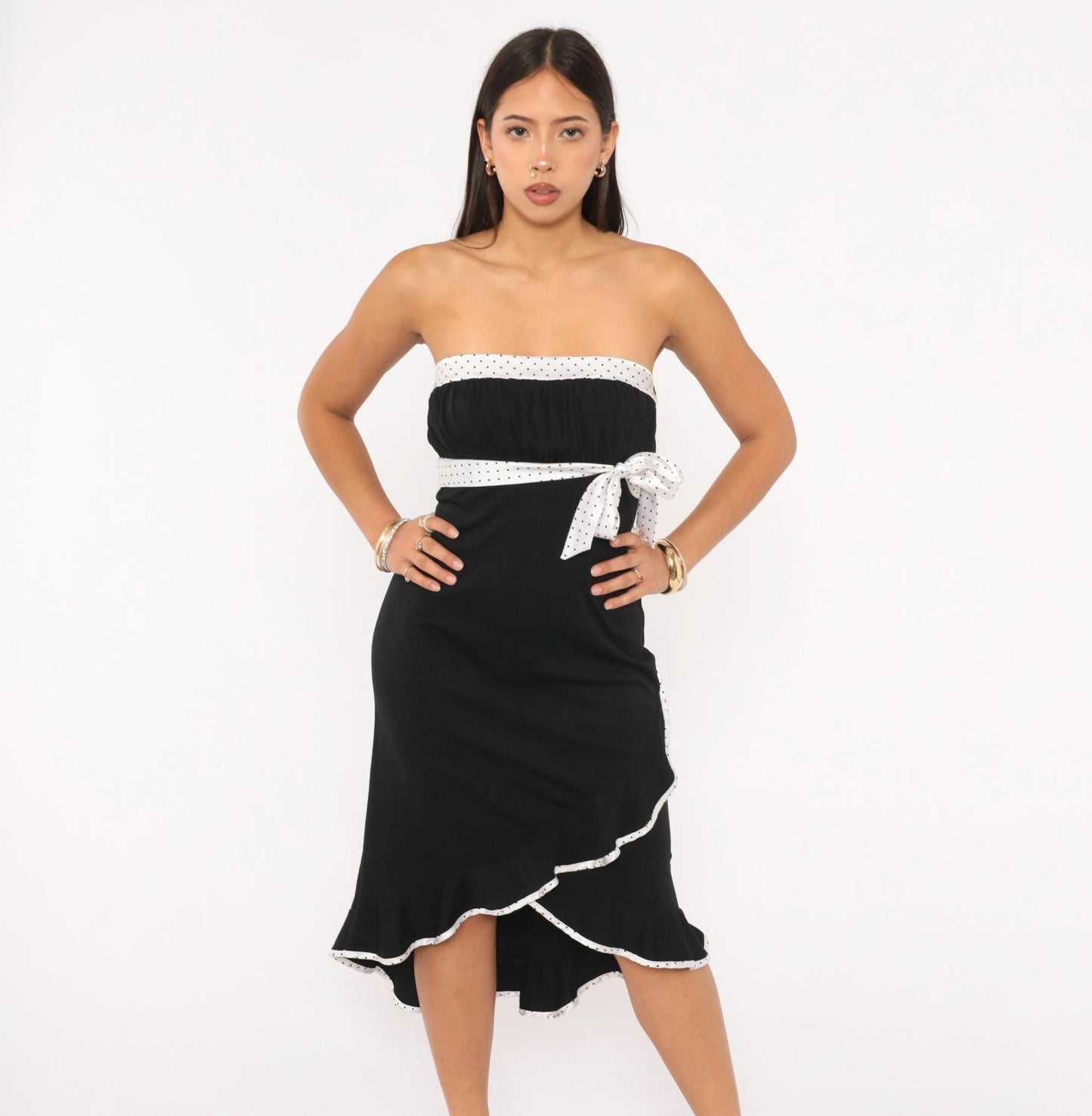 2000s Trixxi Black White Polka Dot Strapless Dress Ruffle Hem Medium M