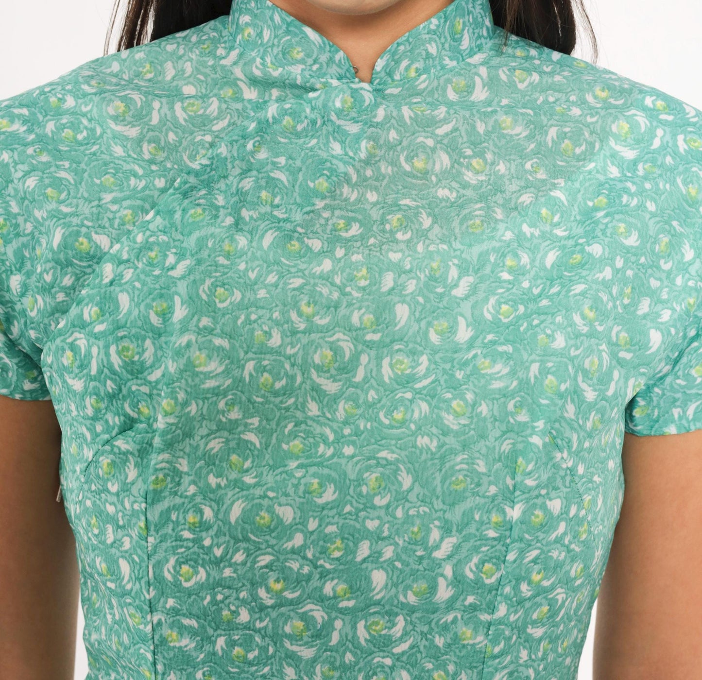 70s Cheongsam Dress Teal Floral Print Mandarin Collar Qipao Fitted Knee XS