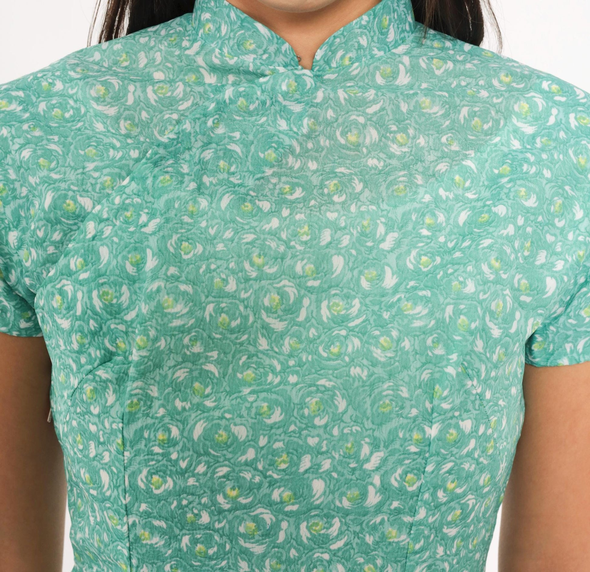70s Cheongsam Dress Teal Floral Print Mandarin Collar Qipao Fitted Knee XS