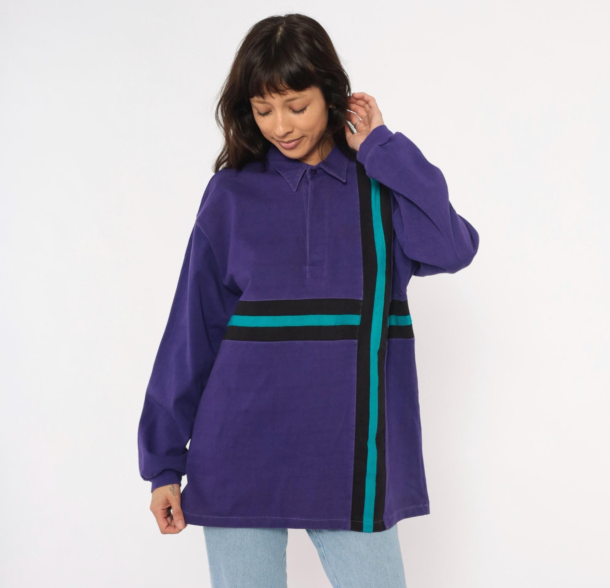 90s Billion Bay Rugby Polo Purple Teal Black Stripe Colorblock Medium