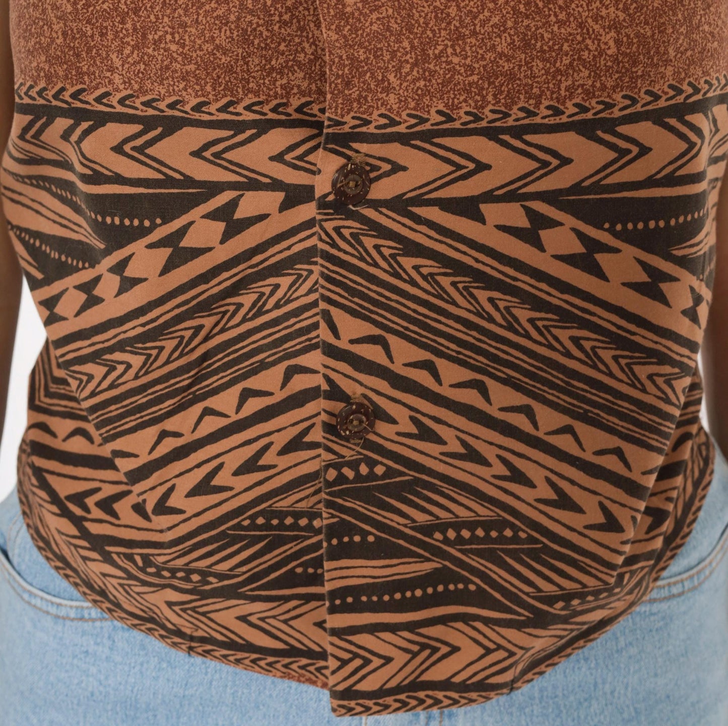 90s Tribal Print Button Camp Collar Shirt Brown Black Geometric XXS