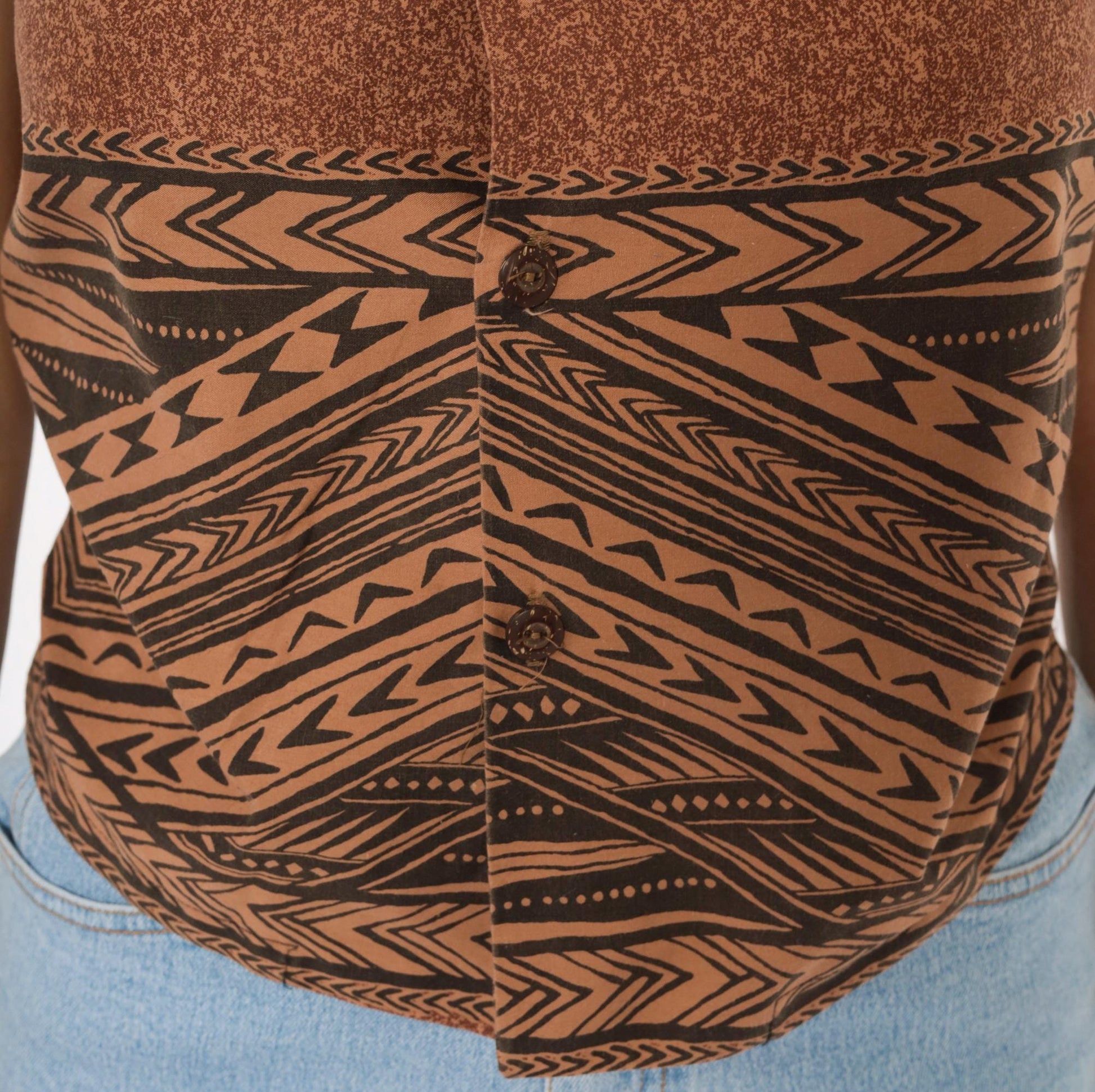 90s Tribal Print Button Camp Collar Shirt Brown Black Geometric XXS