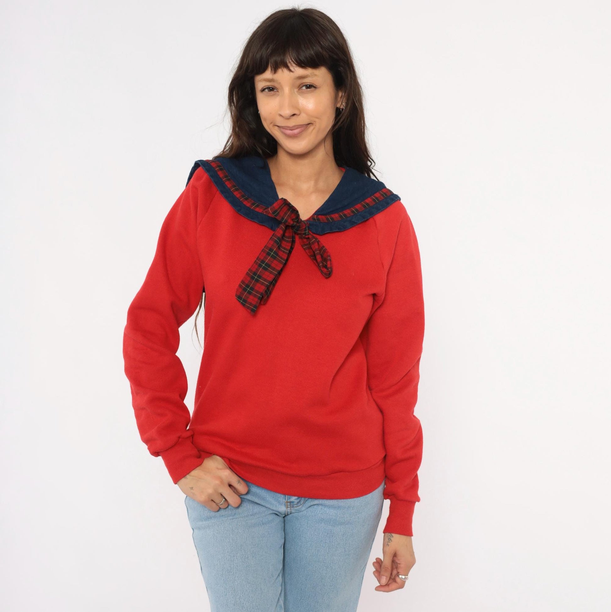 90s Jerzees Sailor Collar Sweatshirt Red Plaid Bow Denim Bib Medium M