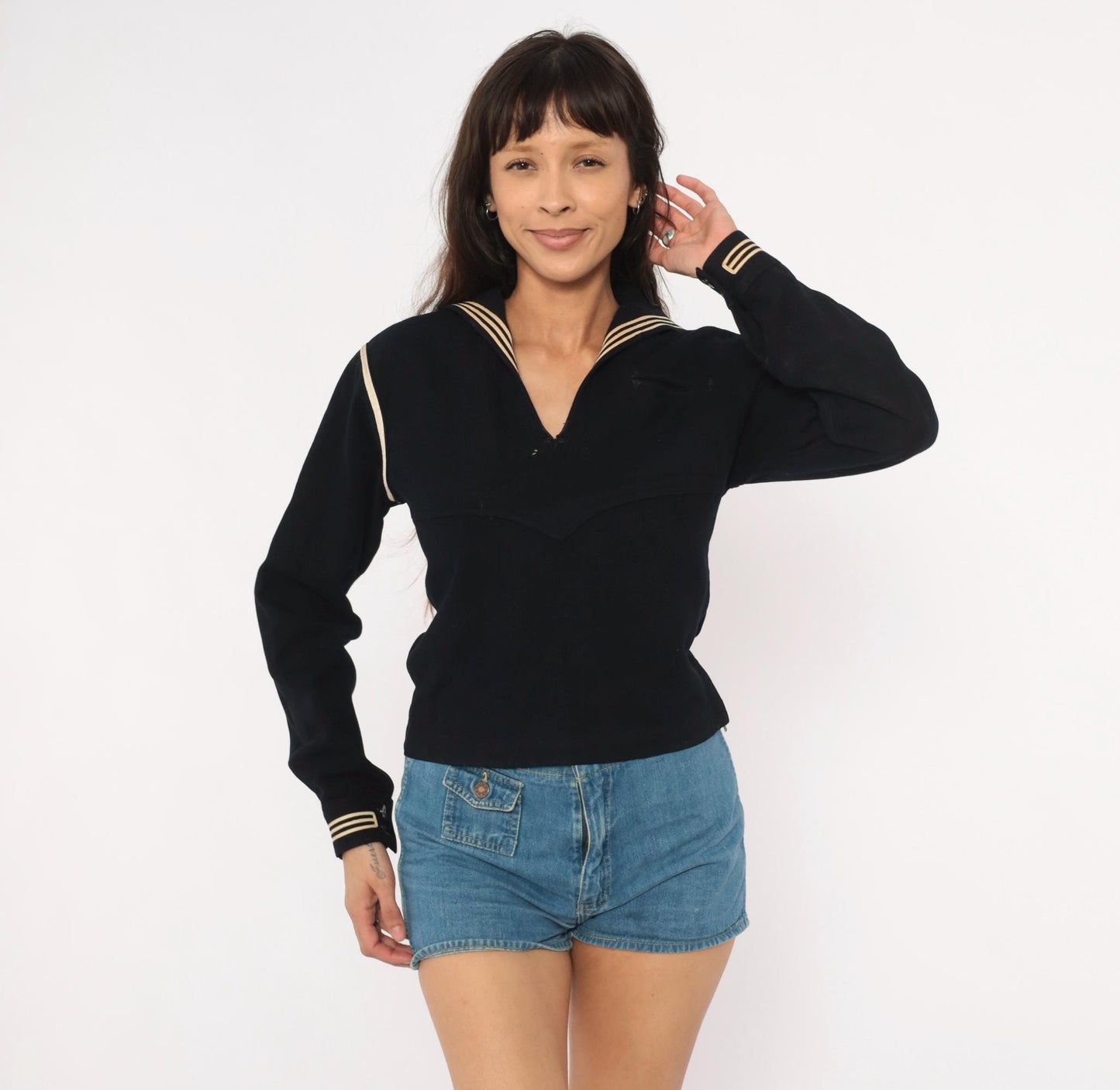 1940s Navy Wool Sailor Middy Blouse Embroidered Stars Small