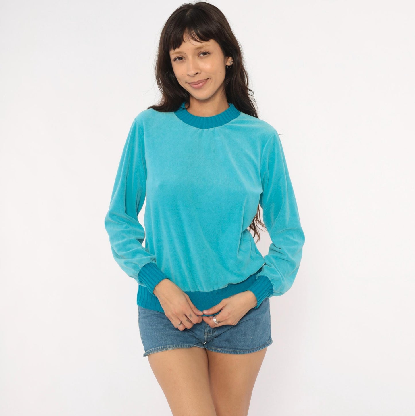 80s Sears Velour Crewneck Sweatshirt Teal Aqua Ribbed Trim Small