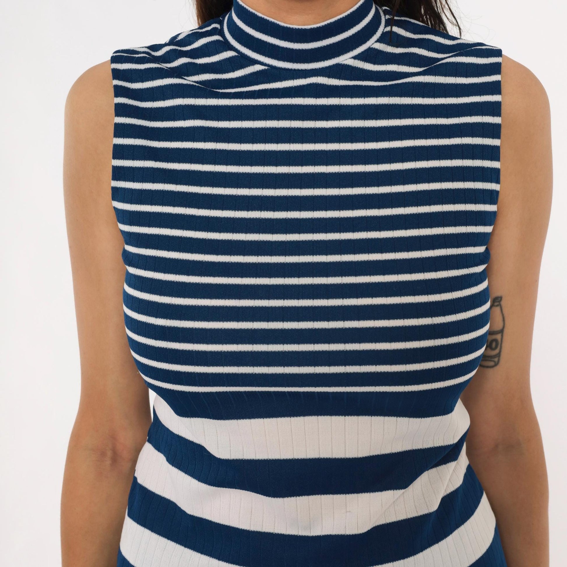 70s Navy White Striped Mock Neck Tank Ribbed Knit Sleeveless Top Small