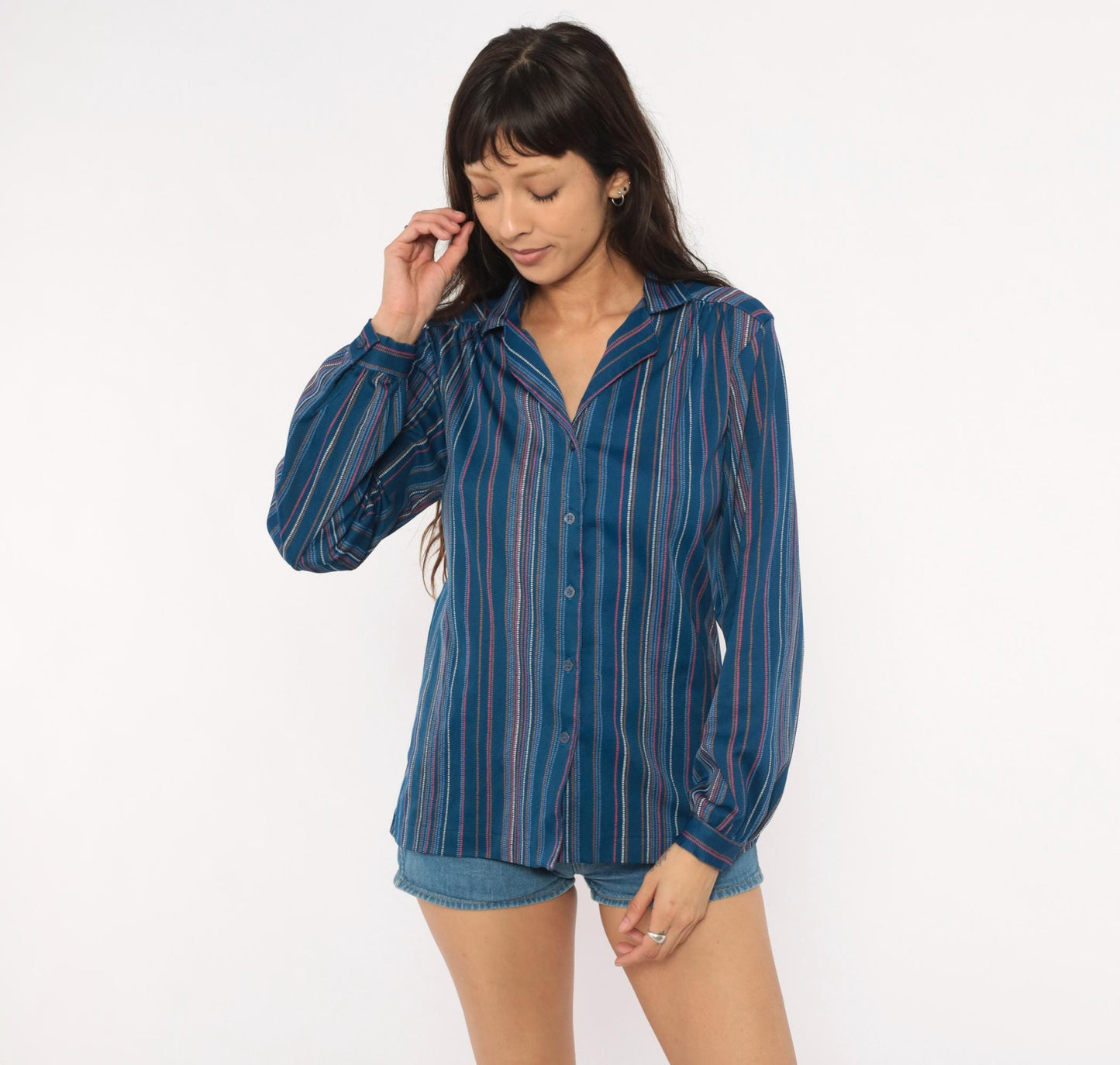 70s Sears Striped Button-Front Blouse Cobalt Blue Pink Pinstripe Medium