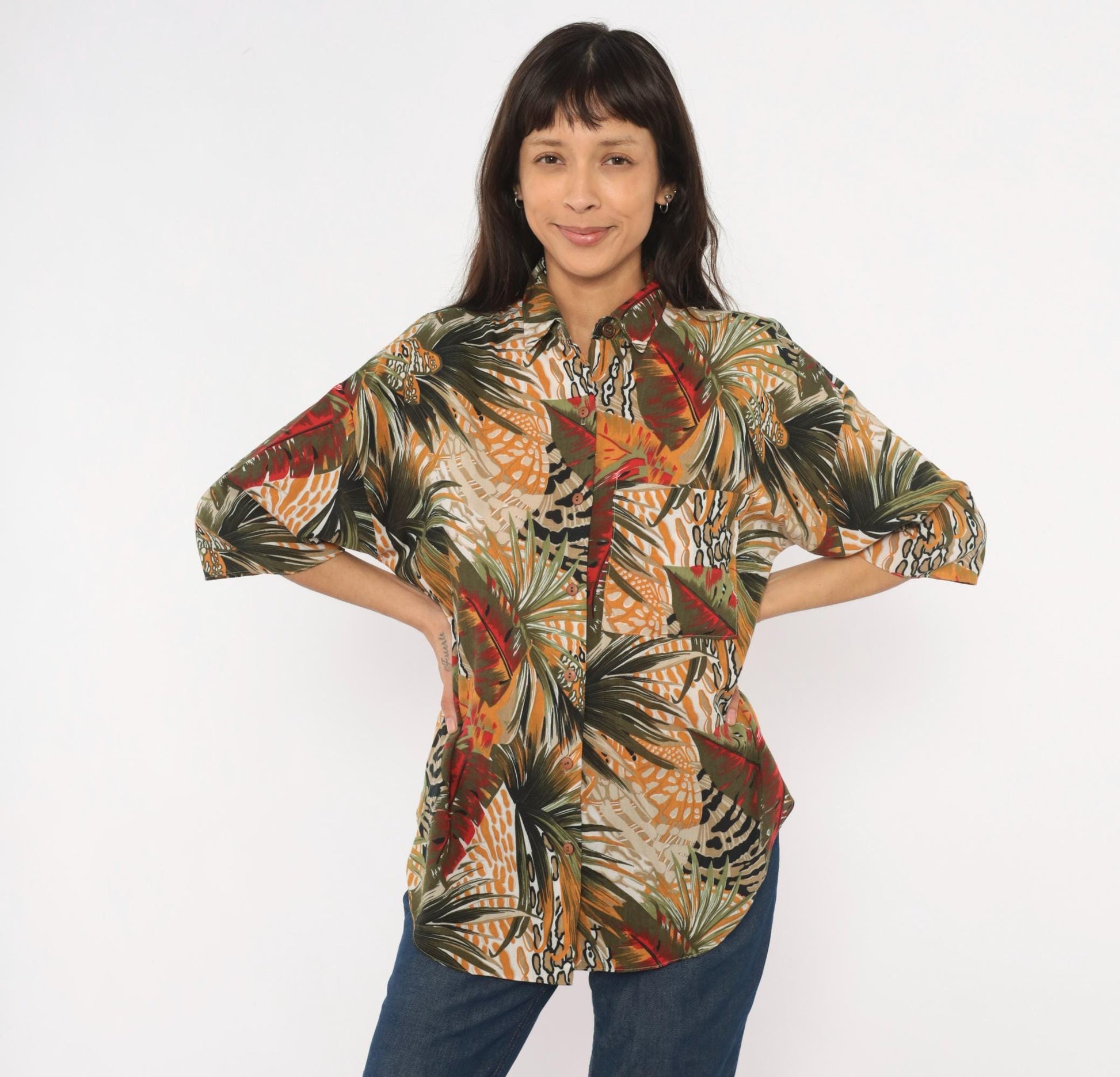 90s Touché LA Tropical Palm Leaf Print Shirt Mustard Olive Red Large L