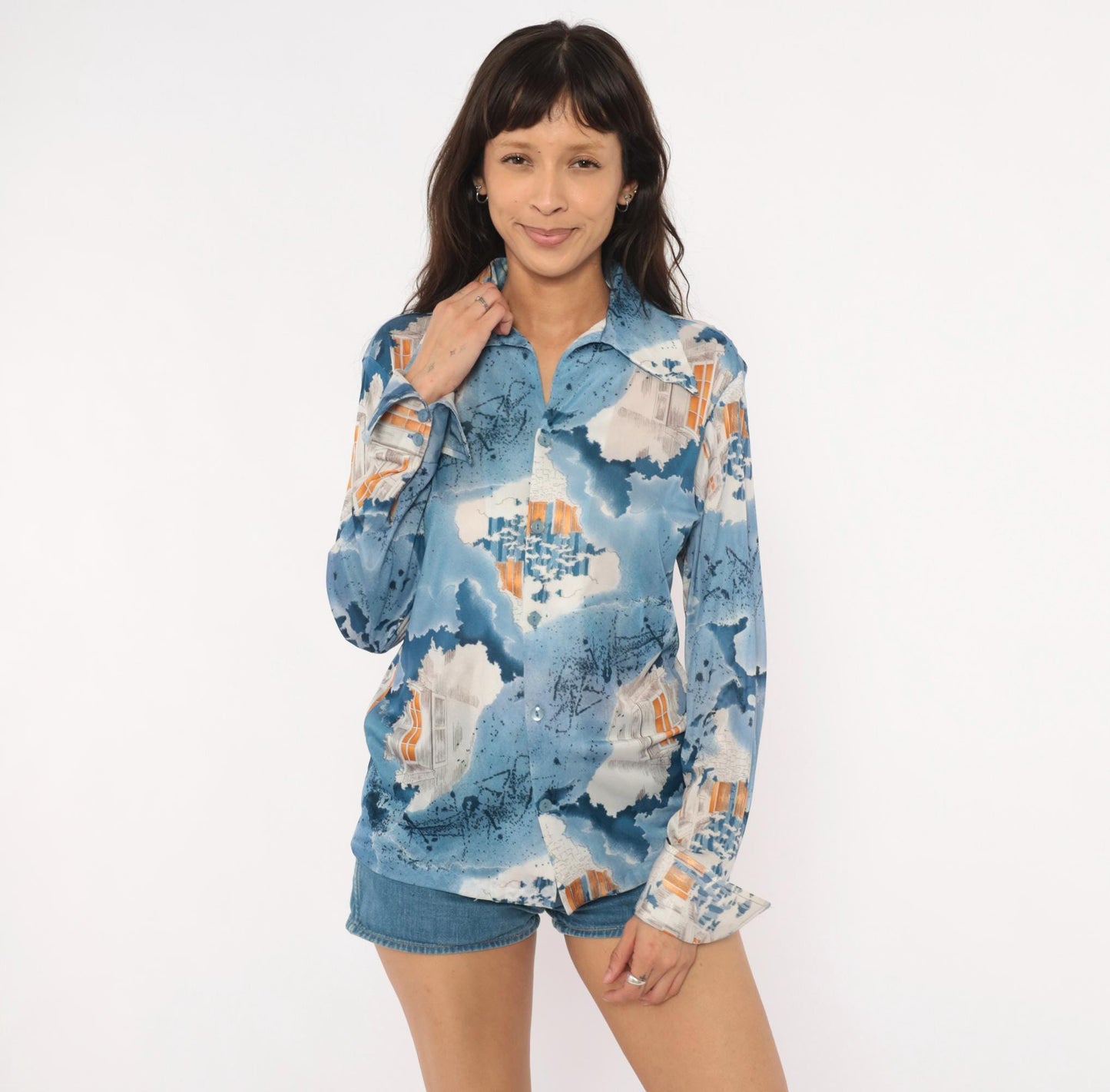 70s Triumph of California Architectural Print Shirt Blue Pointed Collar Medium