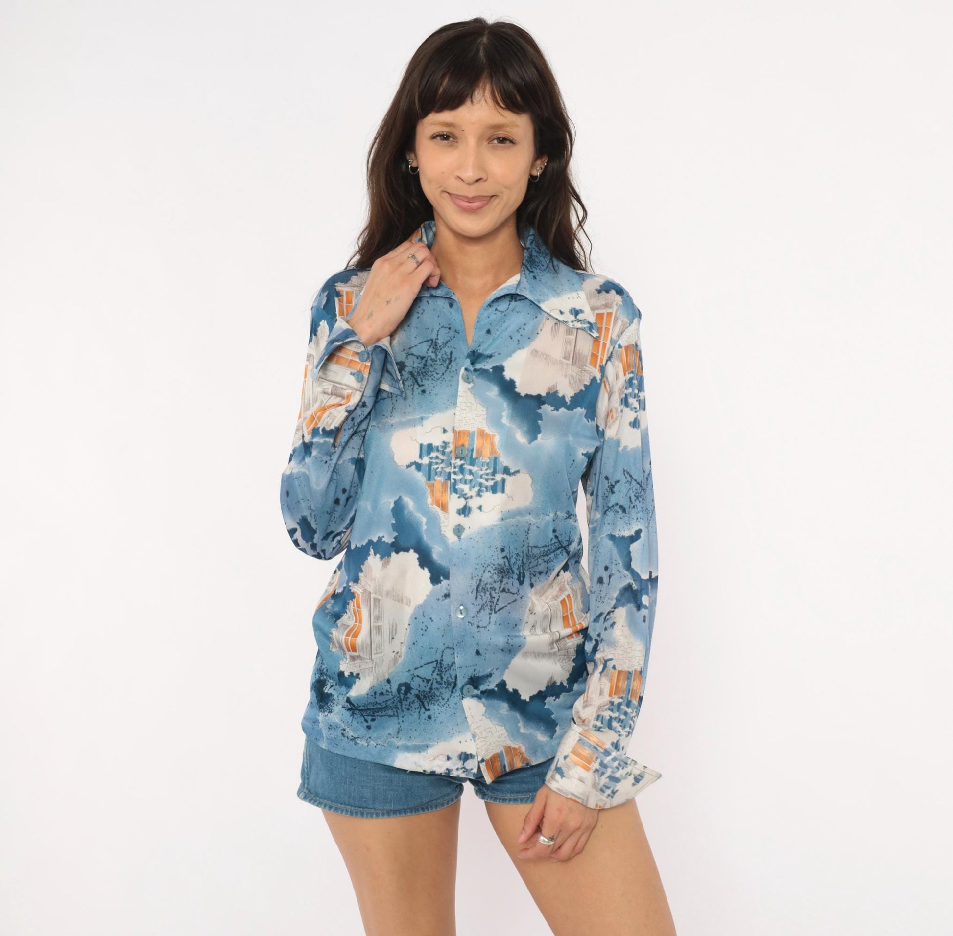 70s Triumph of California Architectural Print Shirt Blue Pointed Collar Medium