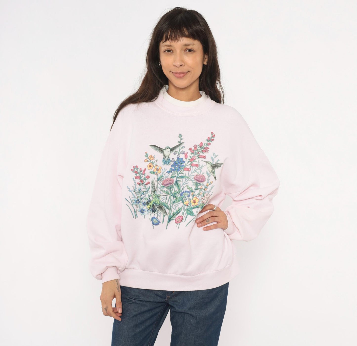 90s Jerzees Hummingbird Wildflower Sweatshirt Pink Crewneck Large L