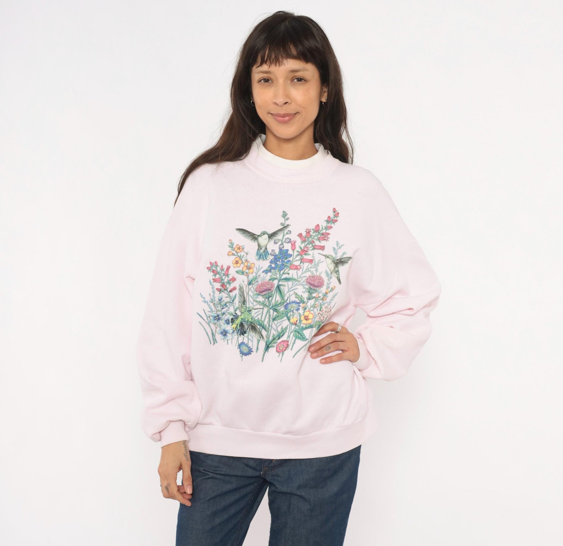 90s Jerzees Hummingbird Wildflower Sweatshirt Pink Crewneck Large L