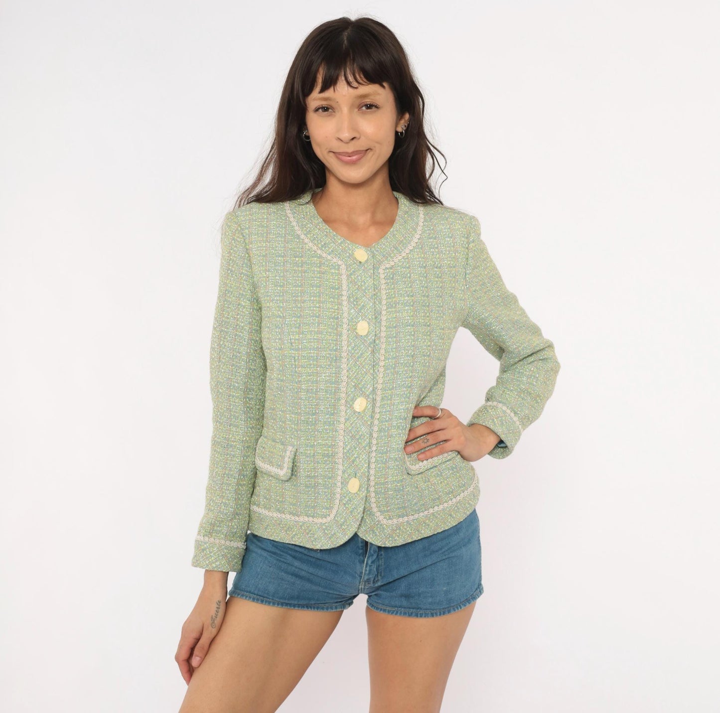 2000s Henry Lee Sage Tweed Blazer Collarless V-Neck Boucle Small S