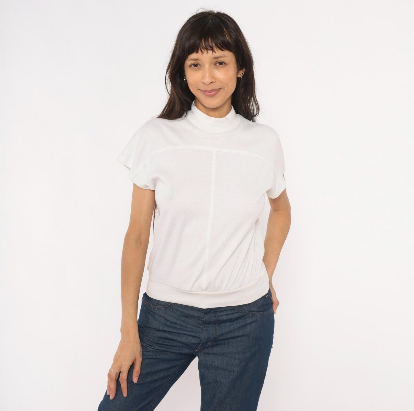 90s White Stag Mock Neck Short Sleeve Top Cream Cotton Pullover Small S