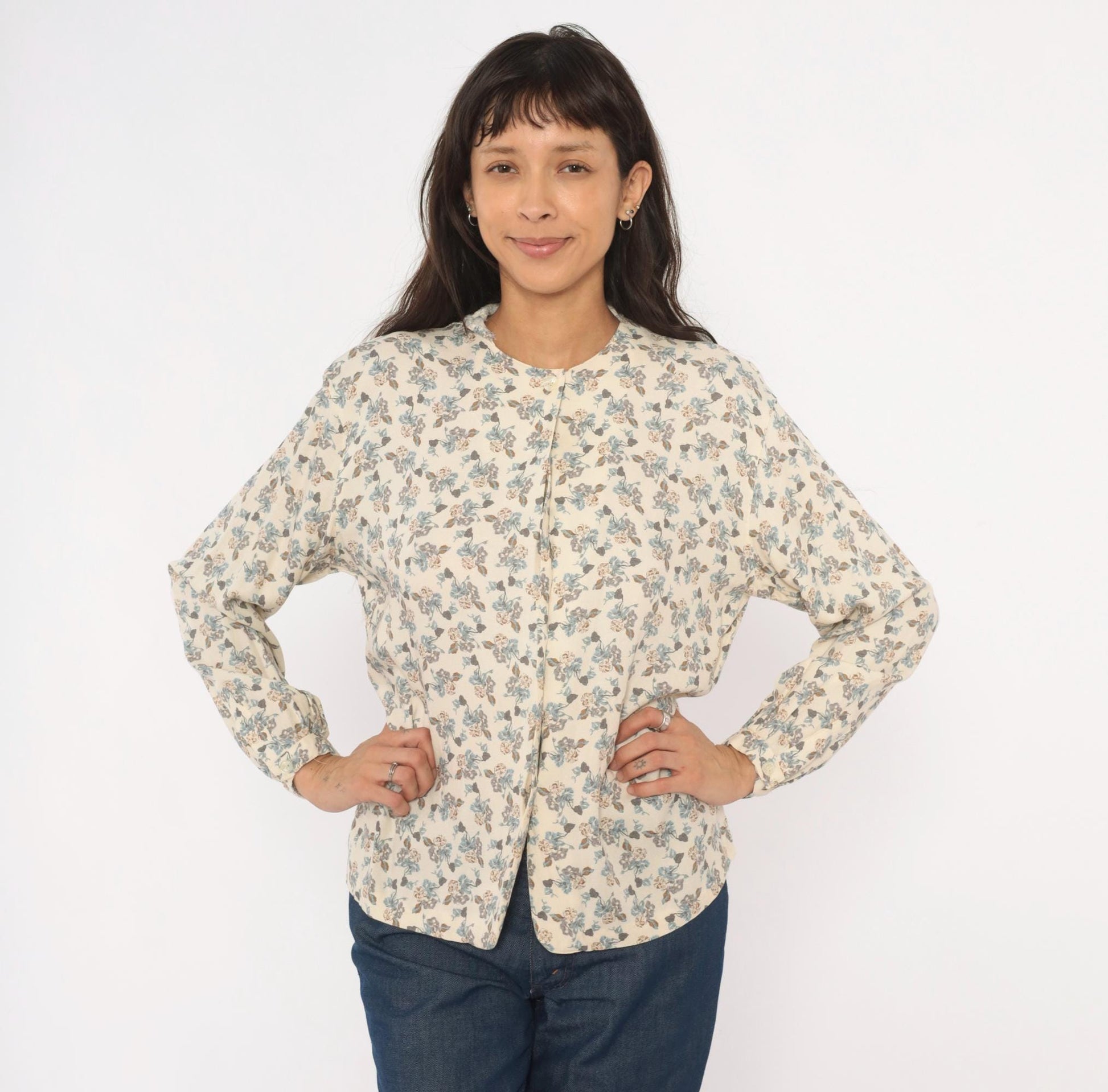 90s Josephine Chaus Floral Button Blouse Cream Puff Sleeve Collarless Medium M