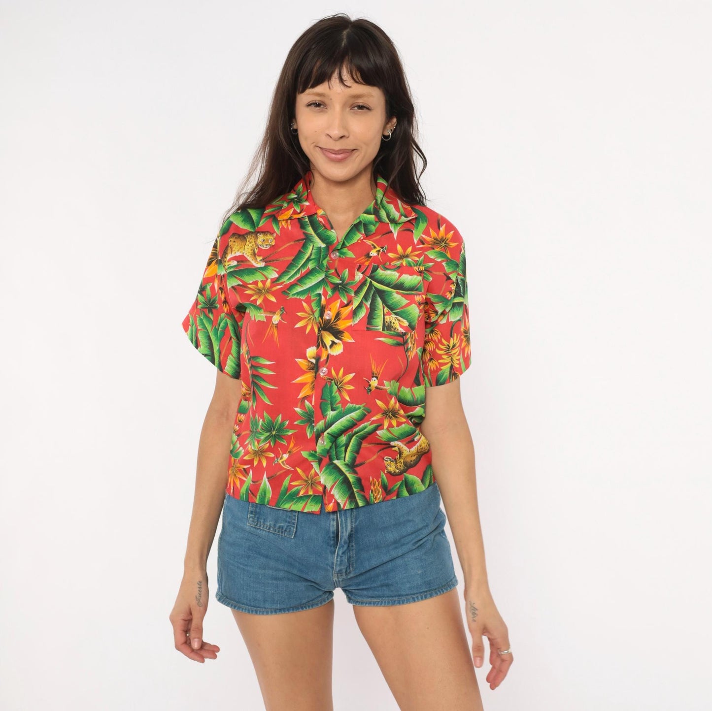 80s Jungle Leopard Hawaiian Shirt Red Tropical Cotton Rayon Camp Collar Extra Small XS