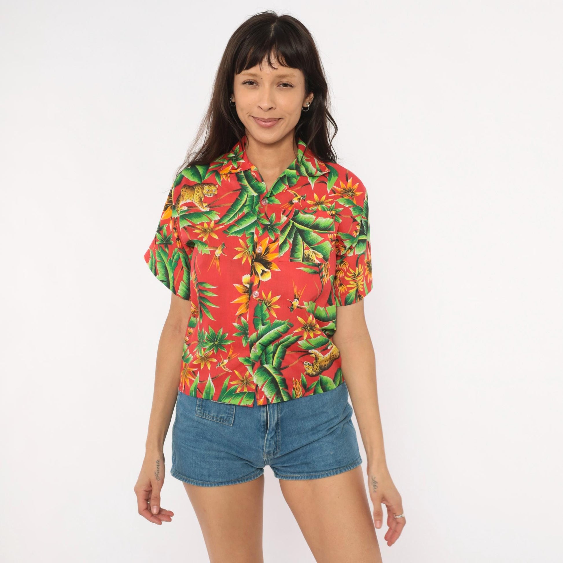 80s Jungle Leopard Hawaiian Shirt Red Tropical Cotton Rayon Camp Collar Extra Small XS