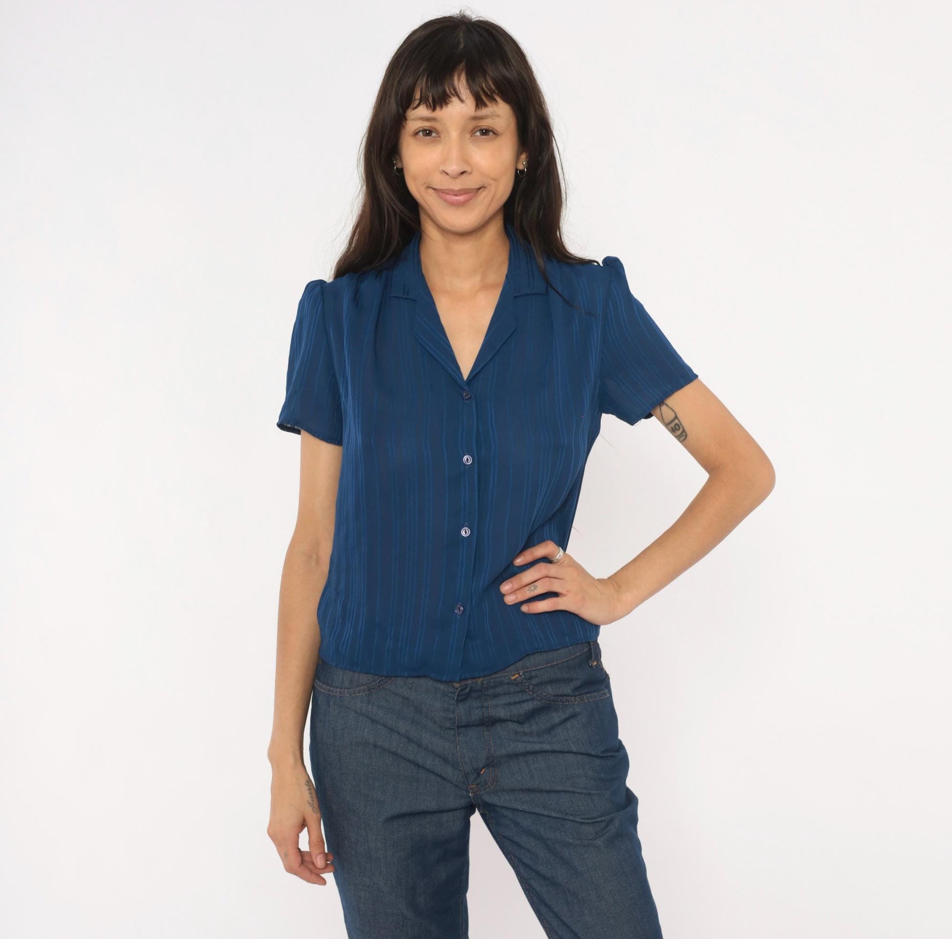 80s Shana Navy Striped Button Blouse Puff Shoulder V Neck Small