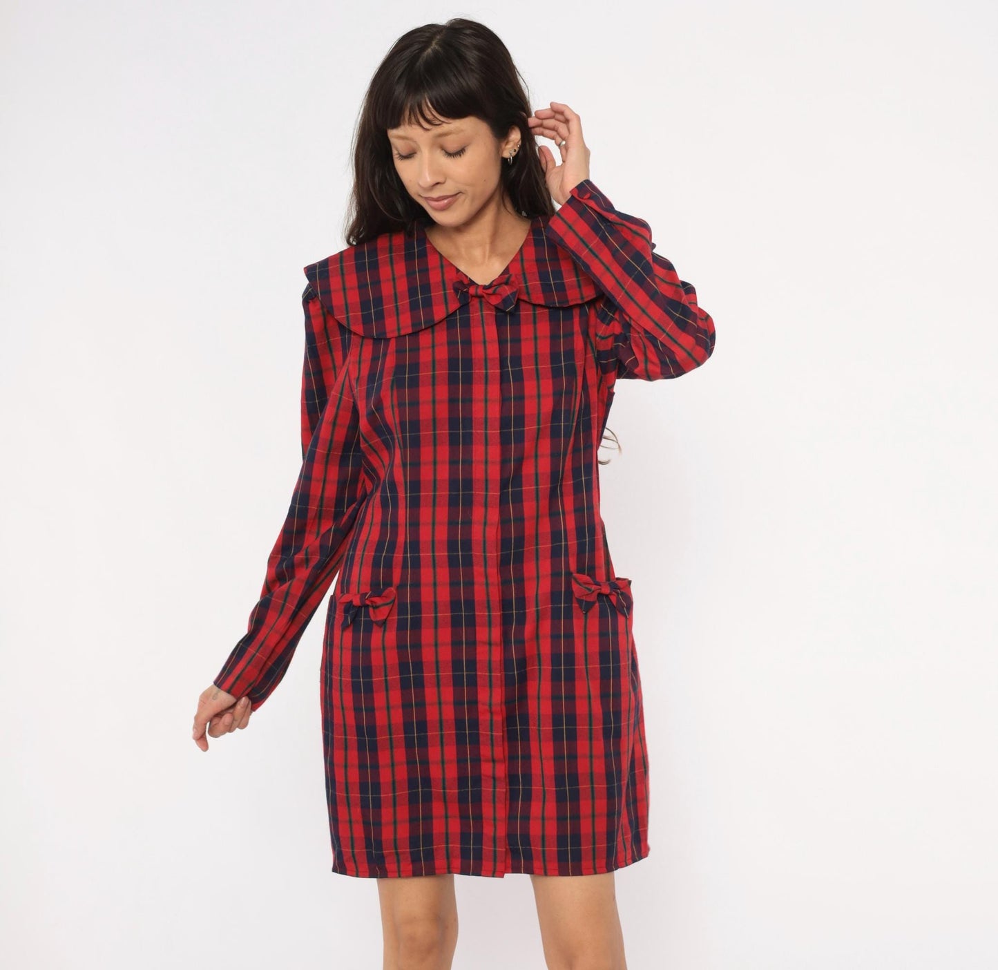 80s Sharon Young Plaid Shift Dress Red Navy Tartan Peter Pan Collar Large L