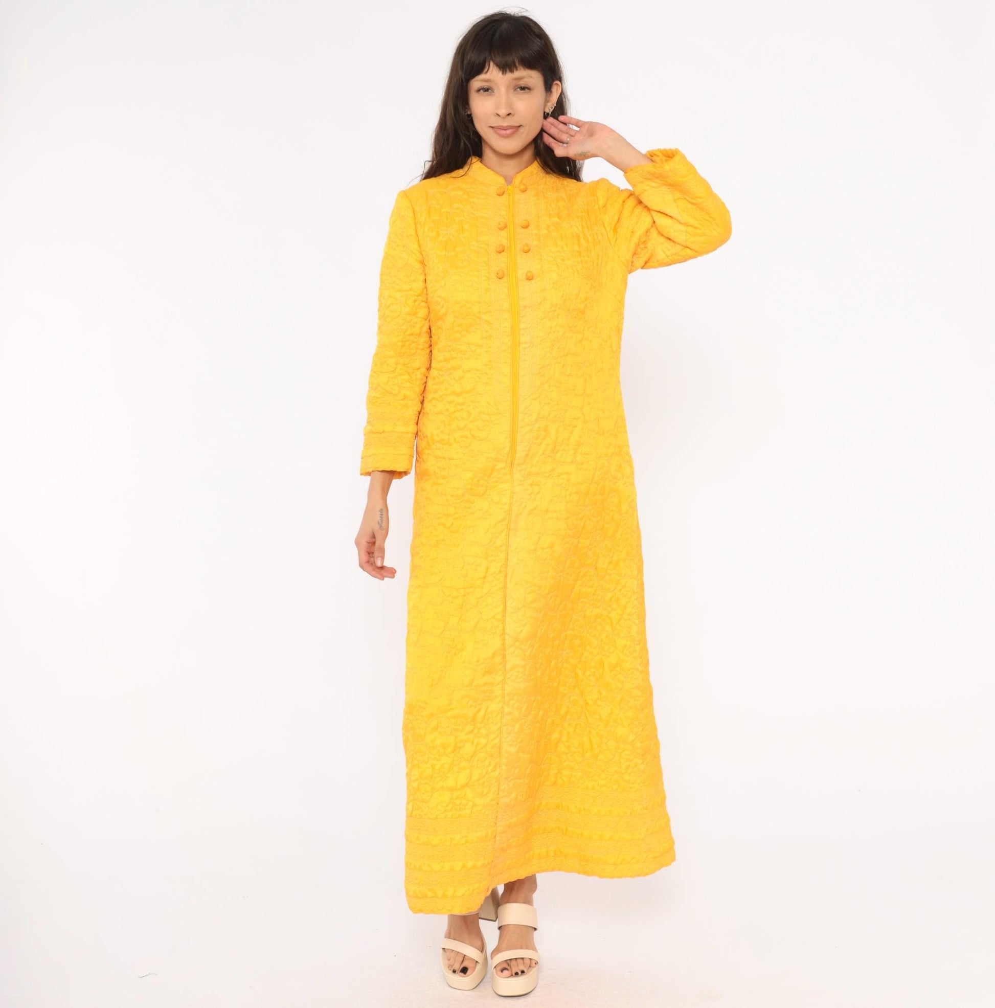 70s Golden Yellow Quilted Maxi Robe Mandarin Collar Floral Embroidered Medium