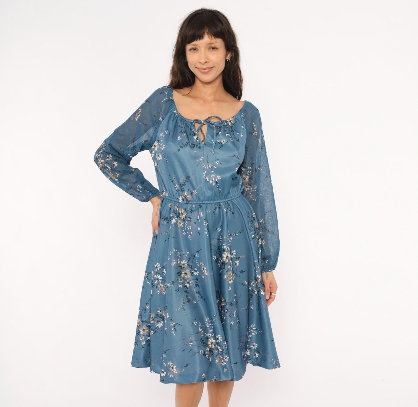 70s Steel Blue Wildflower Peasant Dress Bishop Sleeve Tie Front Knee Length Large L