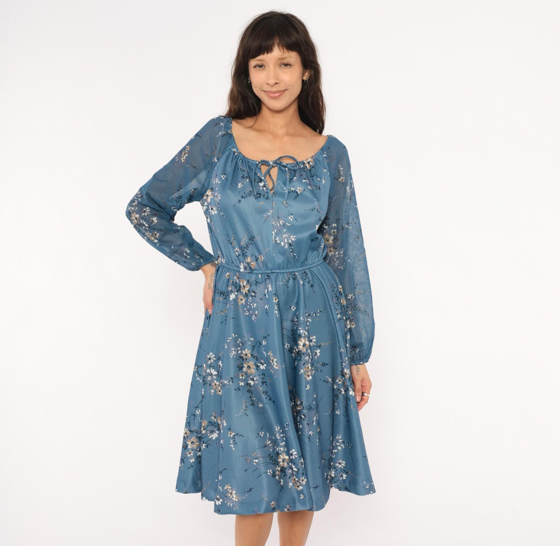 70s Steel Blue Wildflower Peasant Dress Bishop Sleeve Tie Front Knee Length Large L