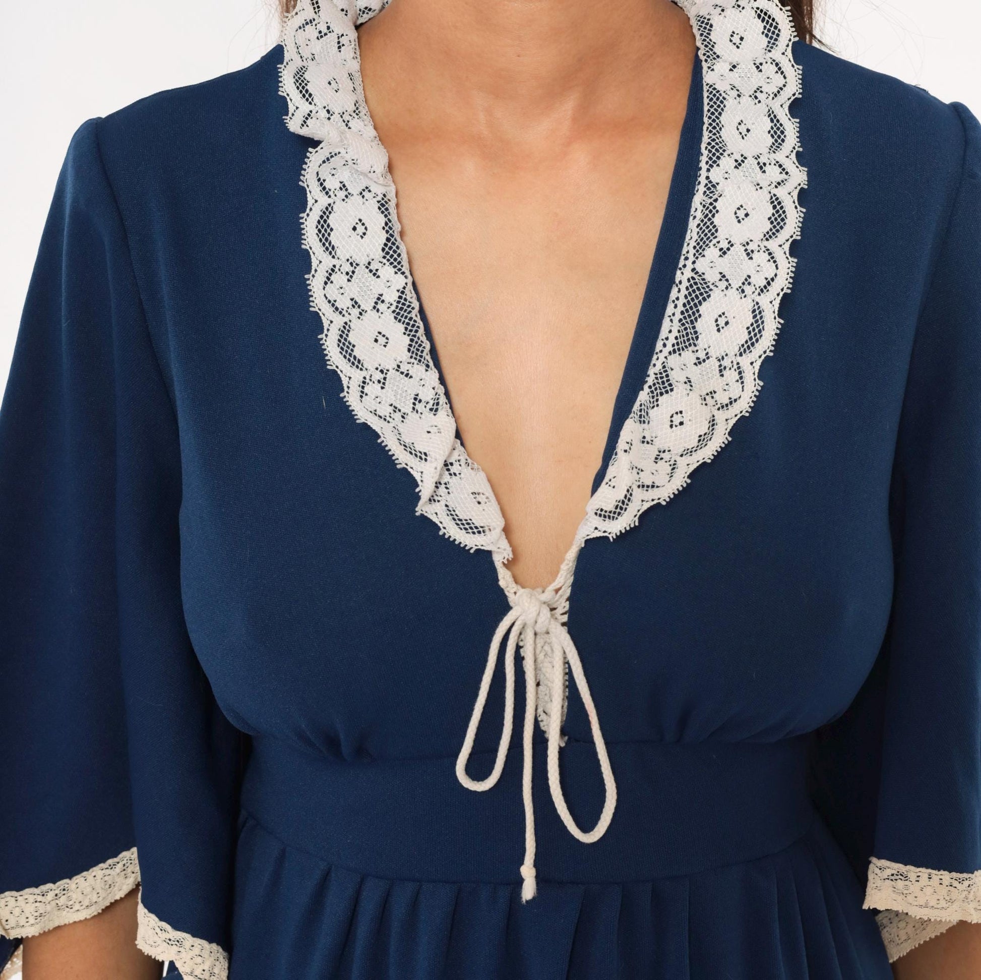 70s Navy Maxi Dress White Lace Trim Bell Sleeve Empire Waist Tiered Skirt Medium