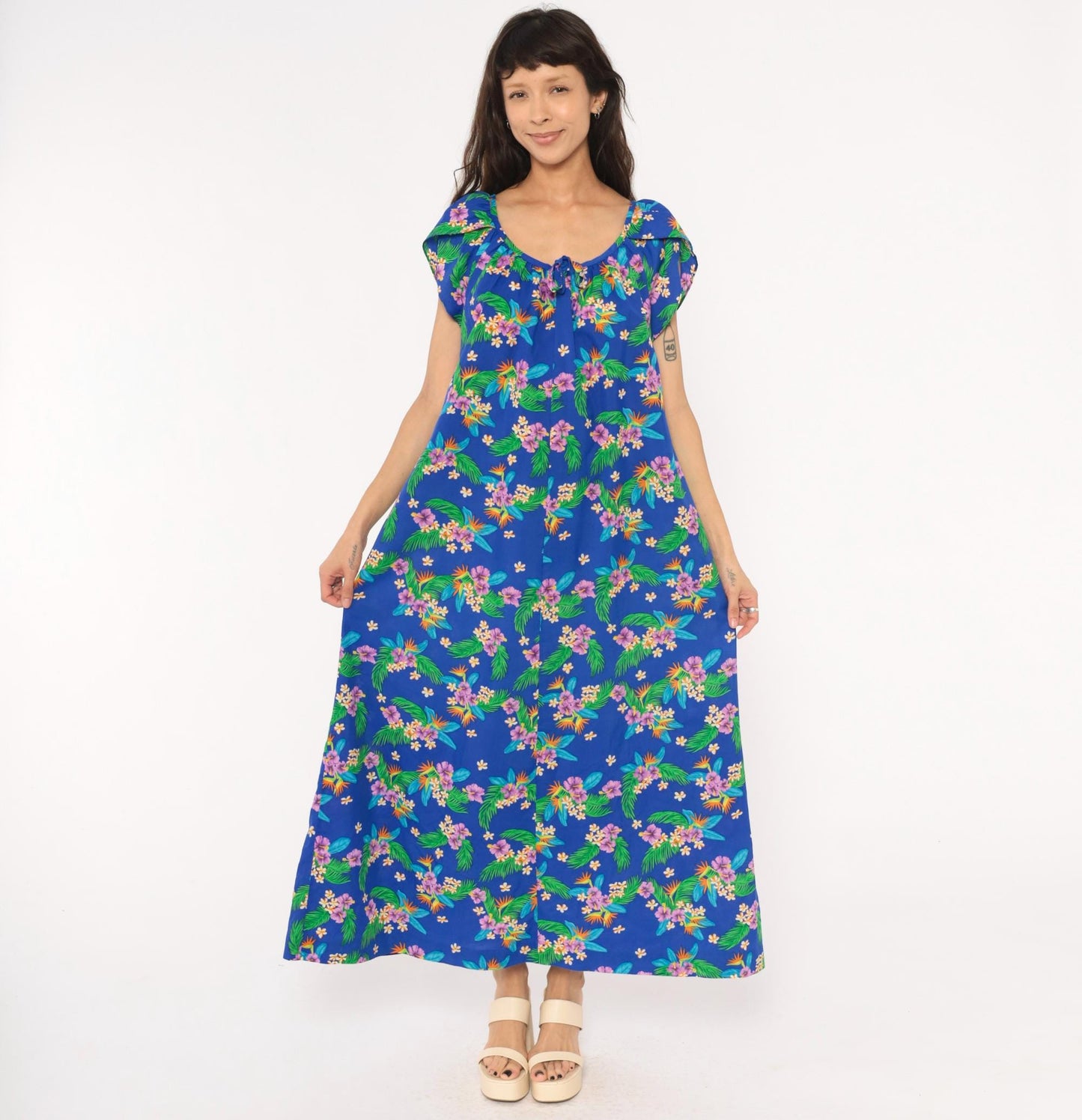 80s Hilo Hatties Hawaiian Maxi Dress Cobalt Blue Floral Palm Leaf Medium