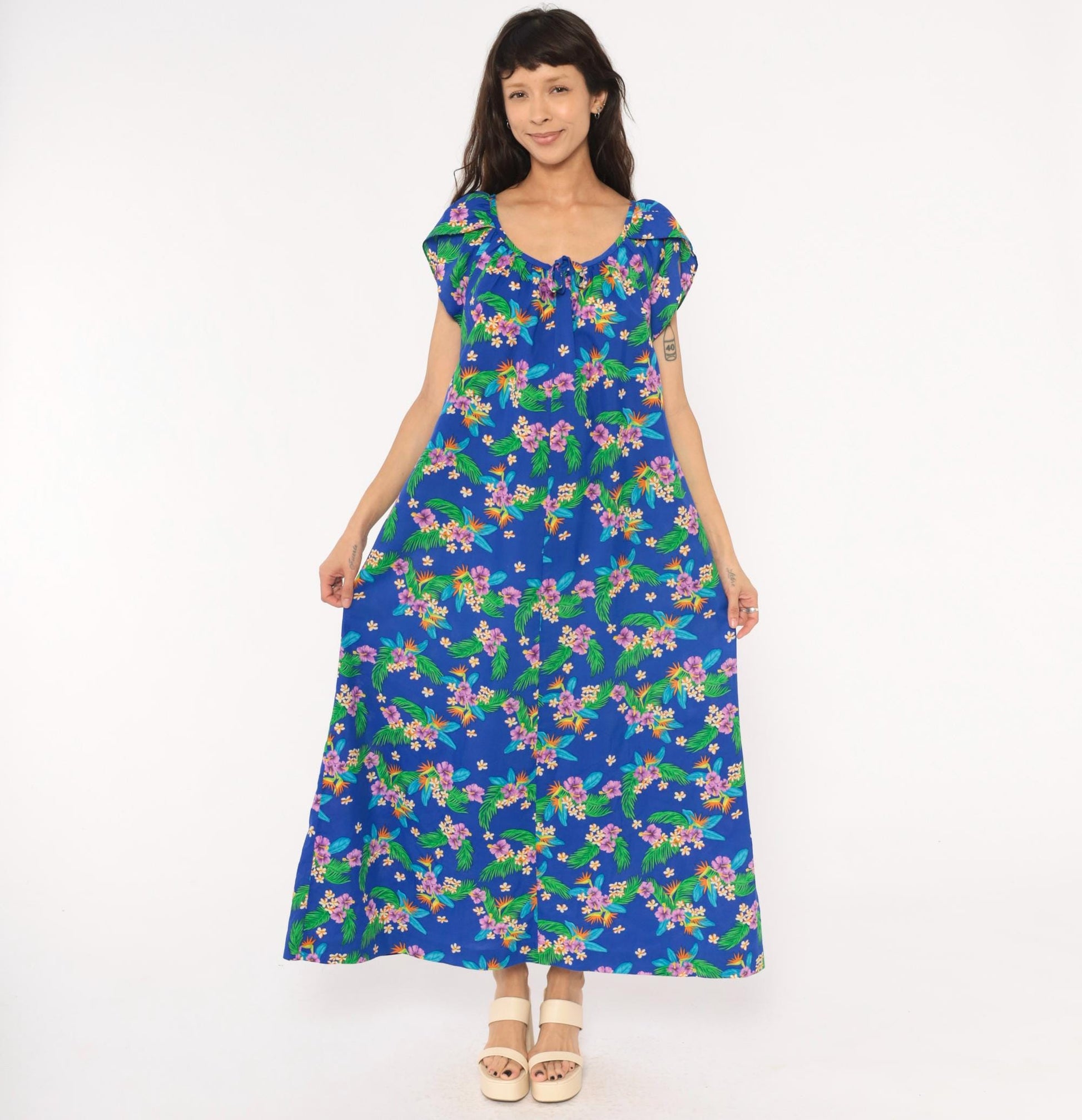 80s Hilo Hatties Hawaiian Maxi Dress Cobalt Blue Floral Palm Leaf Medium