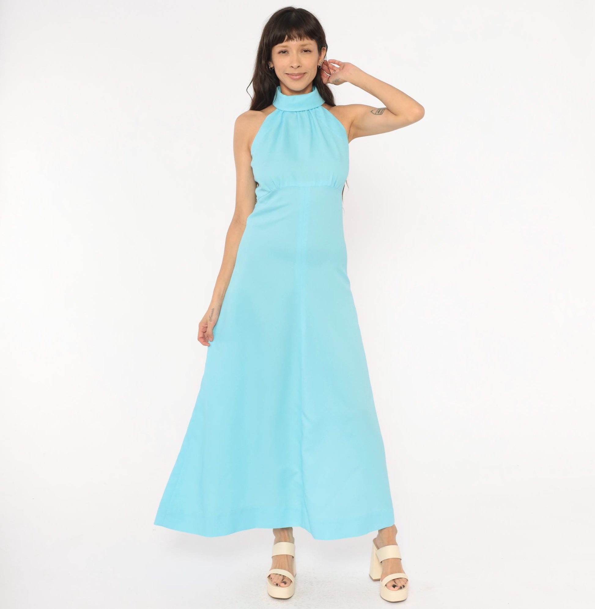 70s Sky Blue Halter Maxi Dress High Neck Sleeveless A-Line Small