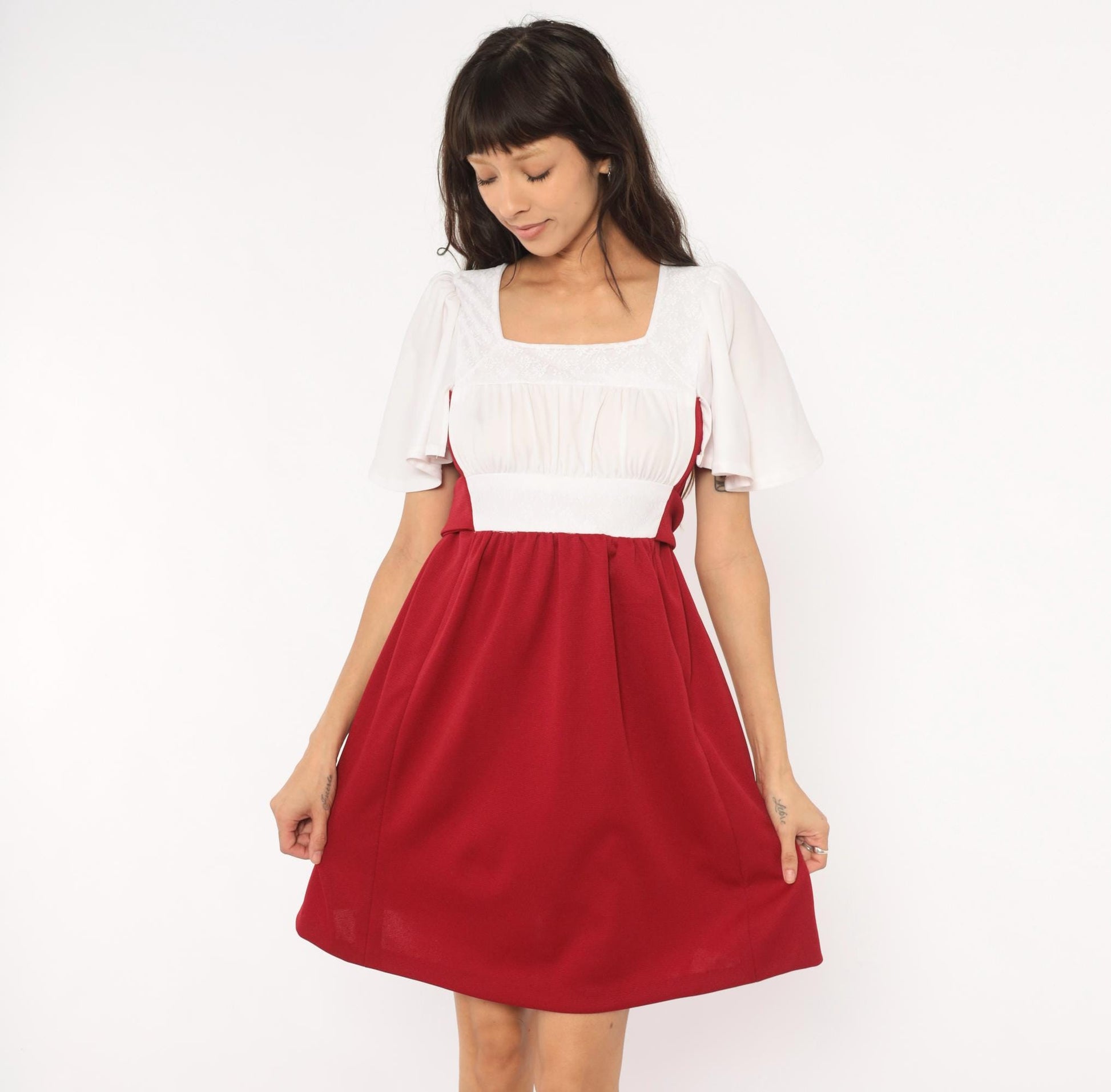 70s Burgundy Wine Mini Dress Ivory Bodice Puff Sleeve Square Neck Empire Waist Small