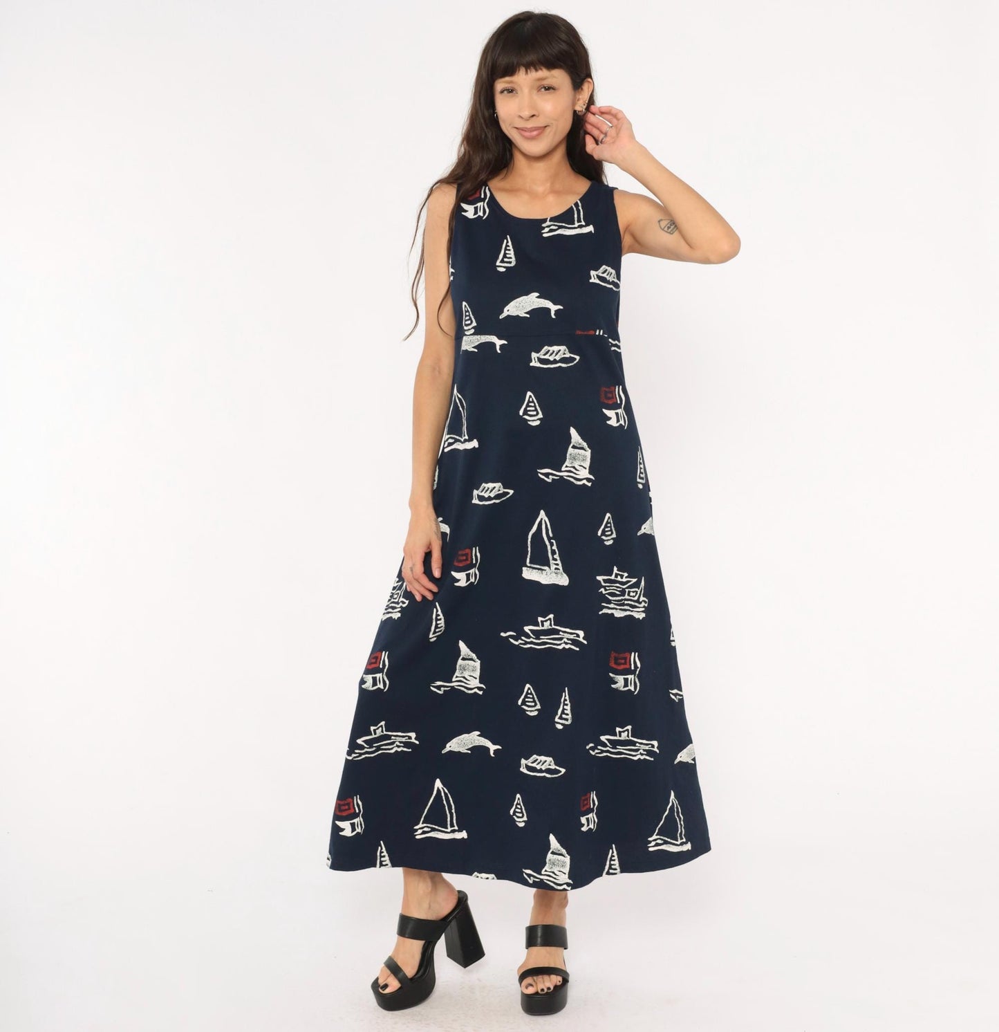 90s Copa Cabana Navy Nautical Maxi Dress Sailboat Dolphin Print Medium