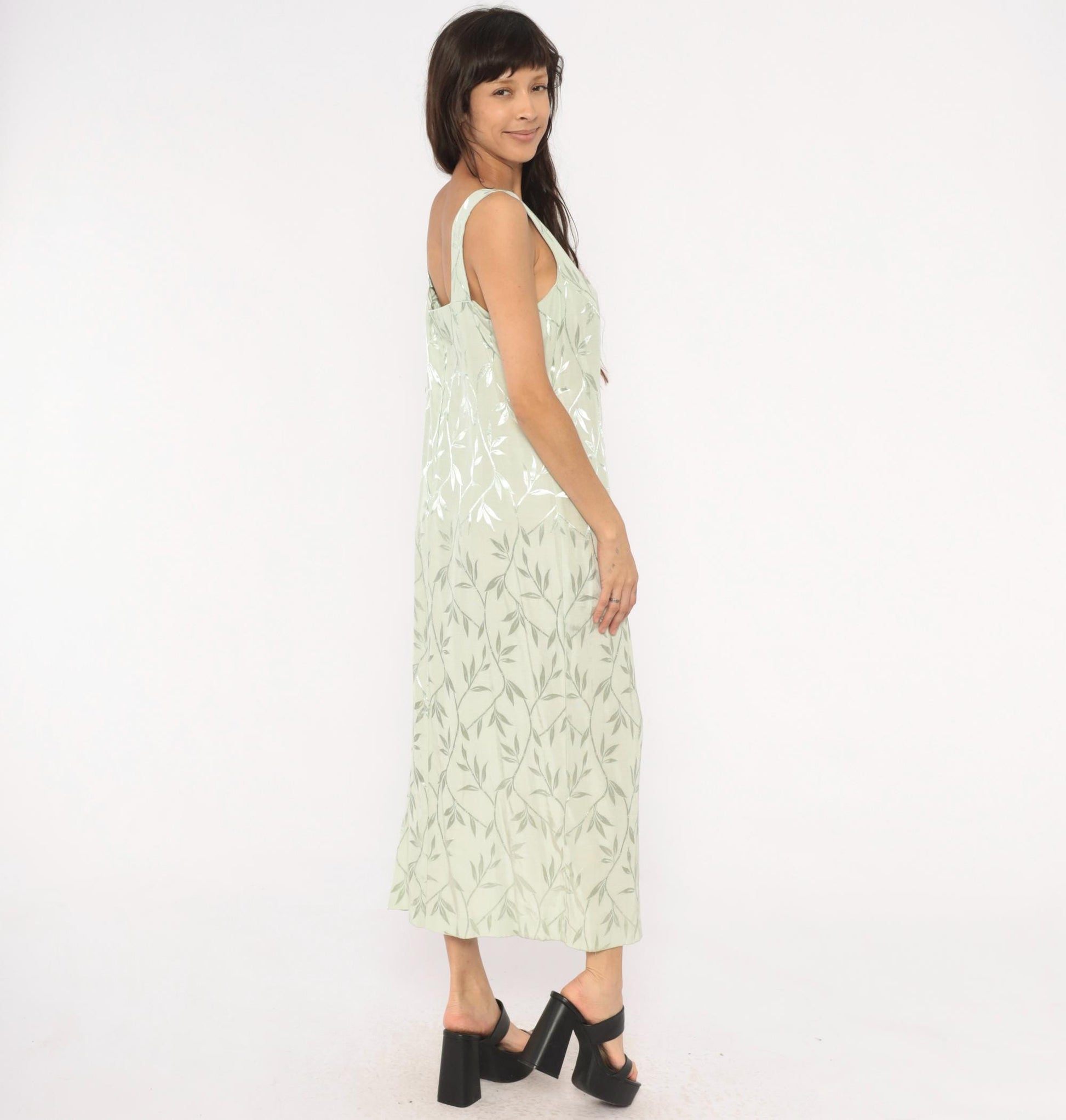 90s Sage Green Leaf Print Maxi Dress Sleeveless Scoop Neck Column Slit Ankle Large L