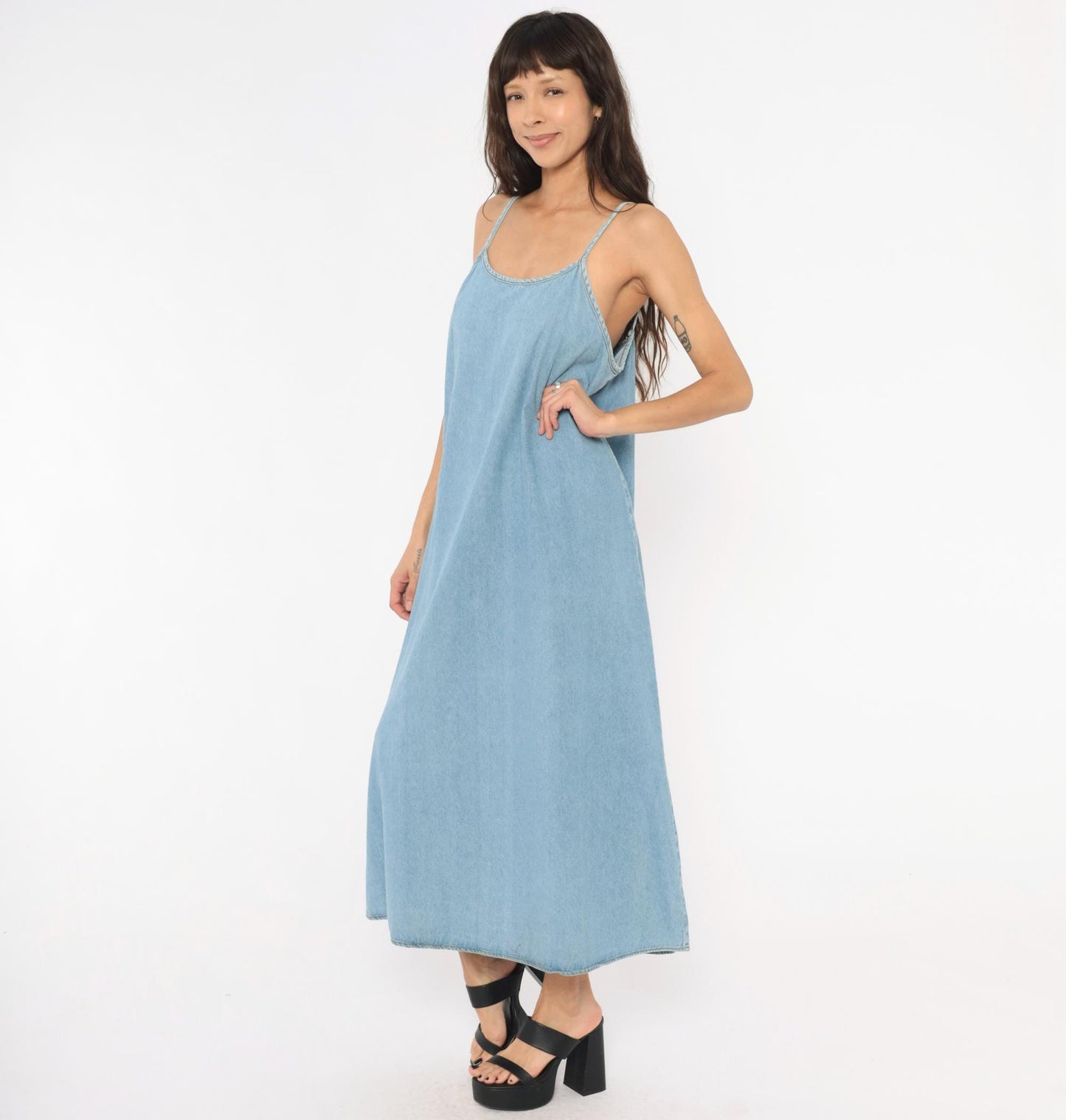 90s Kathie Lee Light Wash Denim Maxi Slip Dress Spaghetti Strap Medium