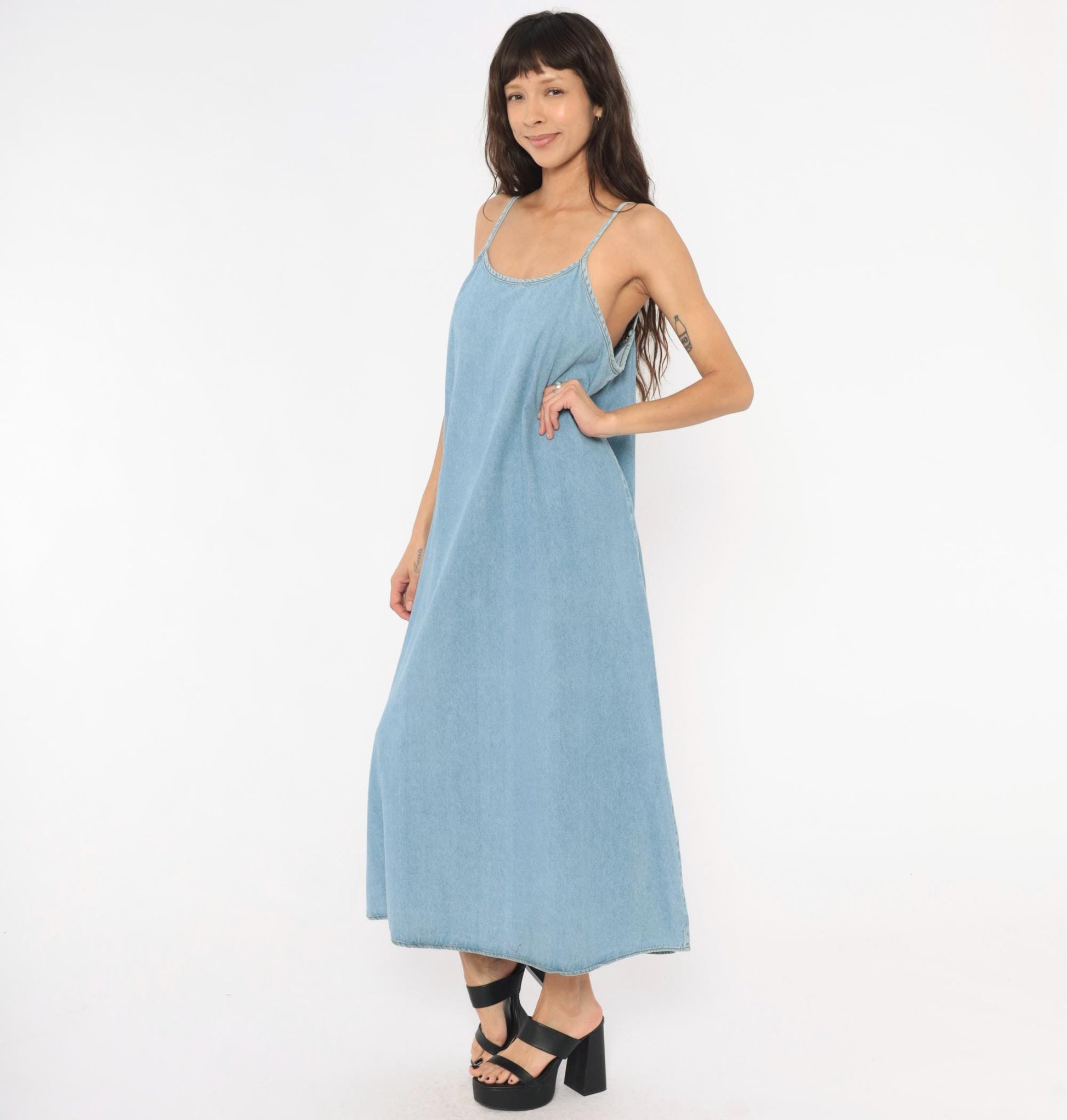 90s Kathie Lee Light Wash Denim Maxi Slip Dress Spaghetti Strap Medium