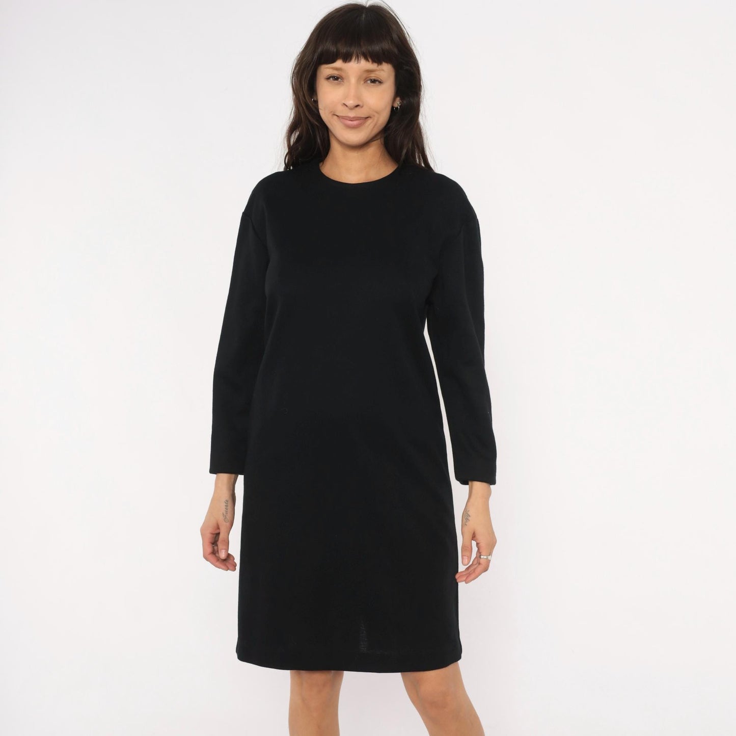 90s Positive Attitude Black Knit Dress Crew Neck Long Sleeve Knee-Length Large L