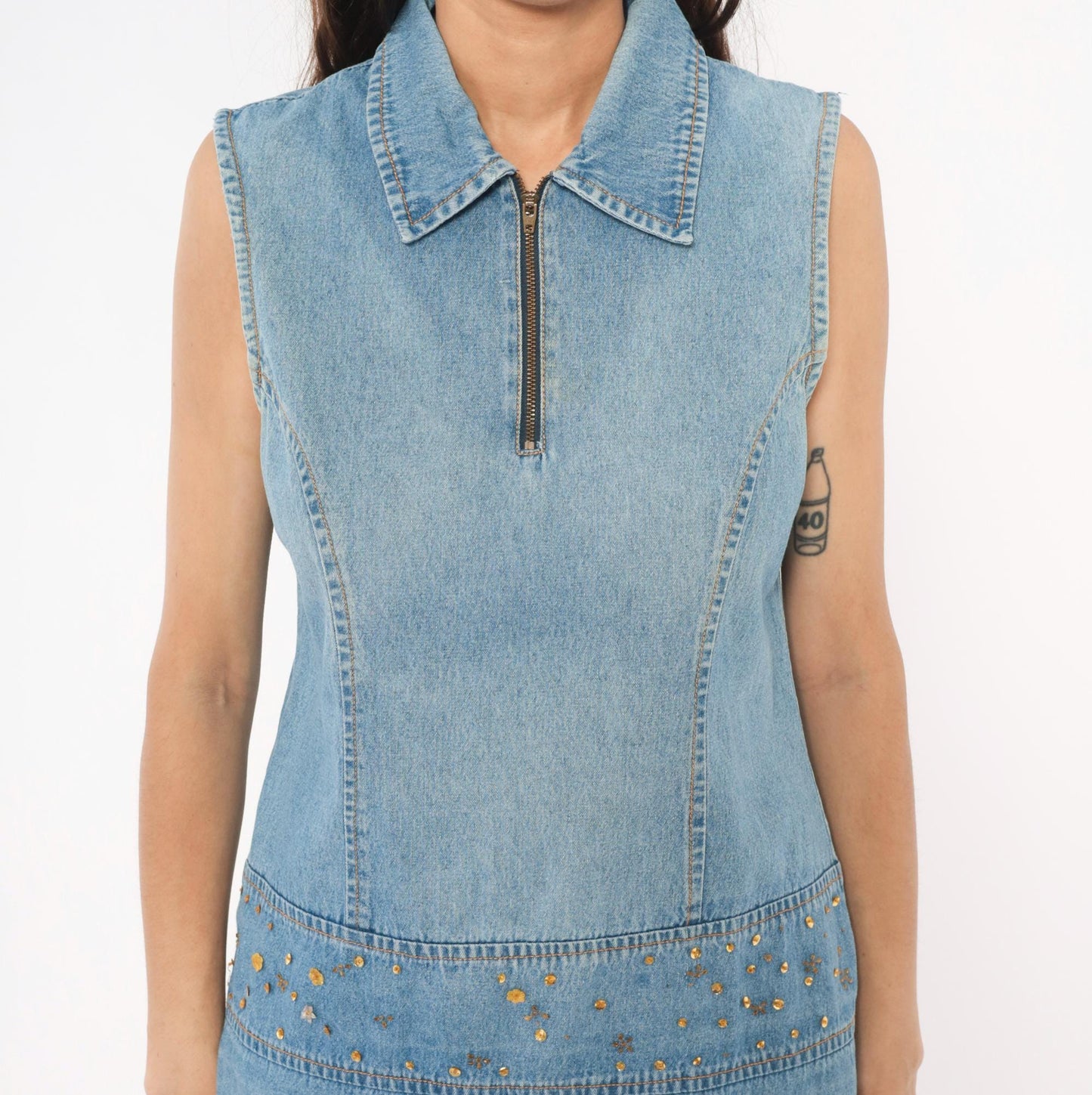 2000s Metrostyle Denim Mini Dress Sleeveless Collared Blue Chambray Sequin Medium