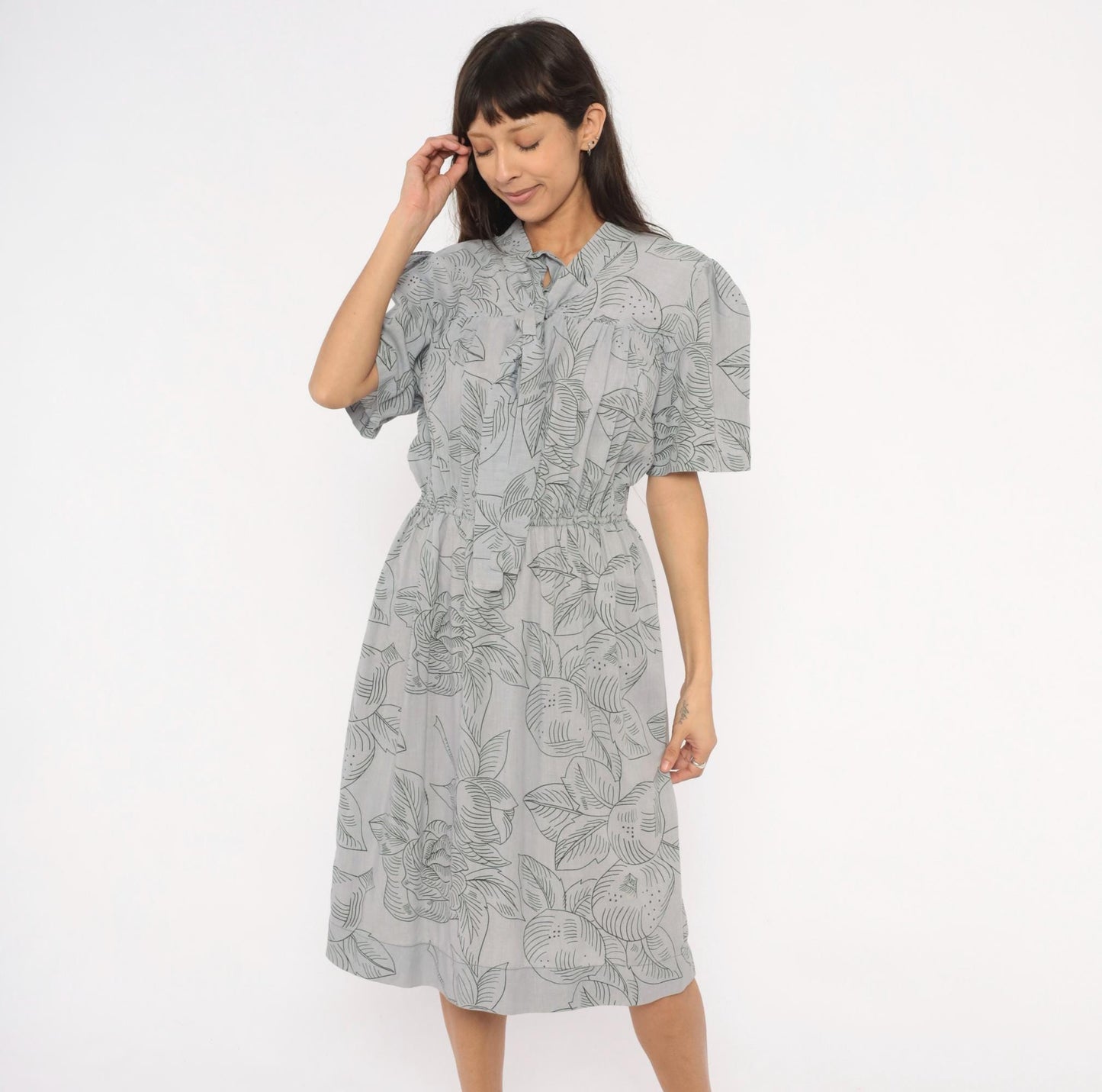 80s Botanical Leaf Print Grey Cotton Tie Neck Dress Puff Sleeve Small Medium
