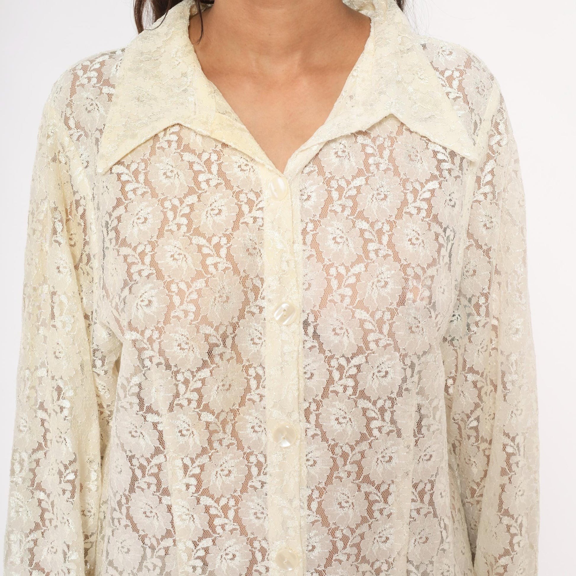 90s Deparis Cream Floral Lace Shirt Dress Knee Length Collared Large