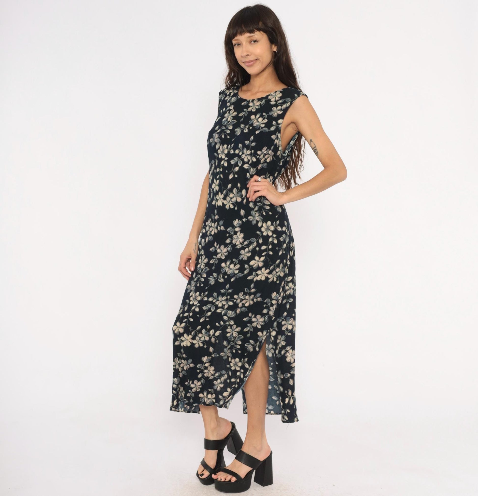 90s Northern Reflections Floral Maxi Dress Navy Cream Grey Keyhole Tie Back Large