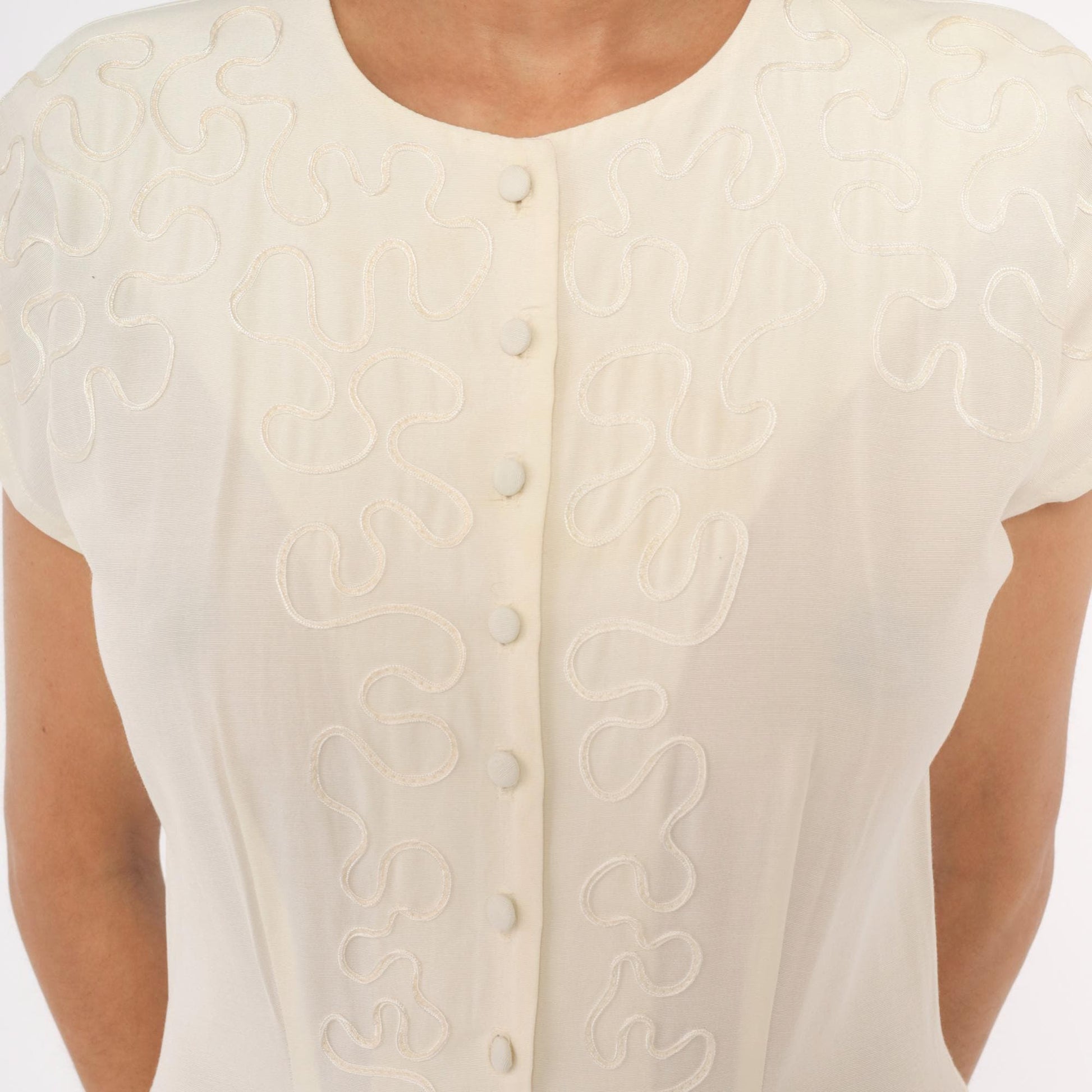 90s Jlt Soutache Embroidered Maxi Dress Cream Button Front Cap Sleeve Medium M
