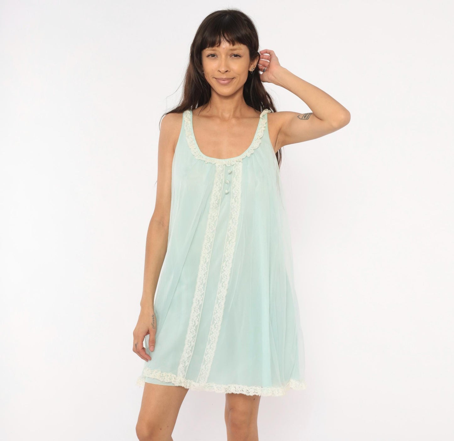 70s Seafoam Babydoll Nightgown Lace Trim Sheer Chiffon Mint Green Mini Medium