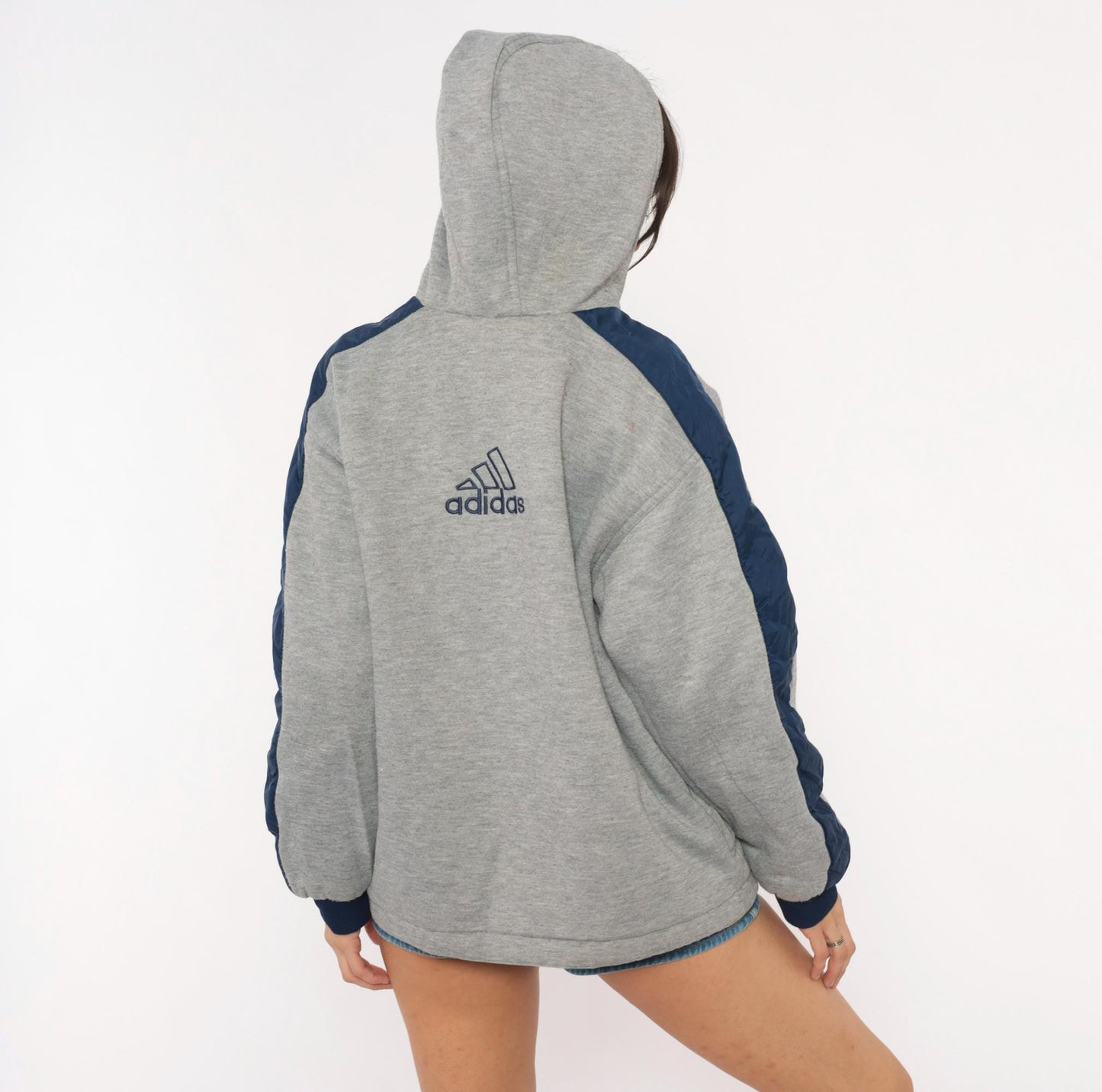90s Adidas Reversible Windbreaker Hoodie Navy Grey Three Stripe Jacket Large L