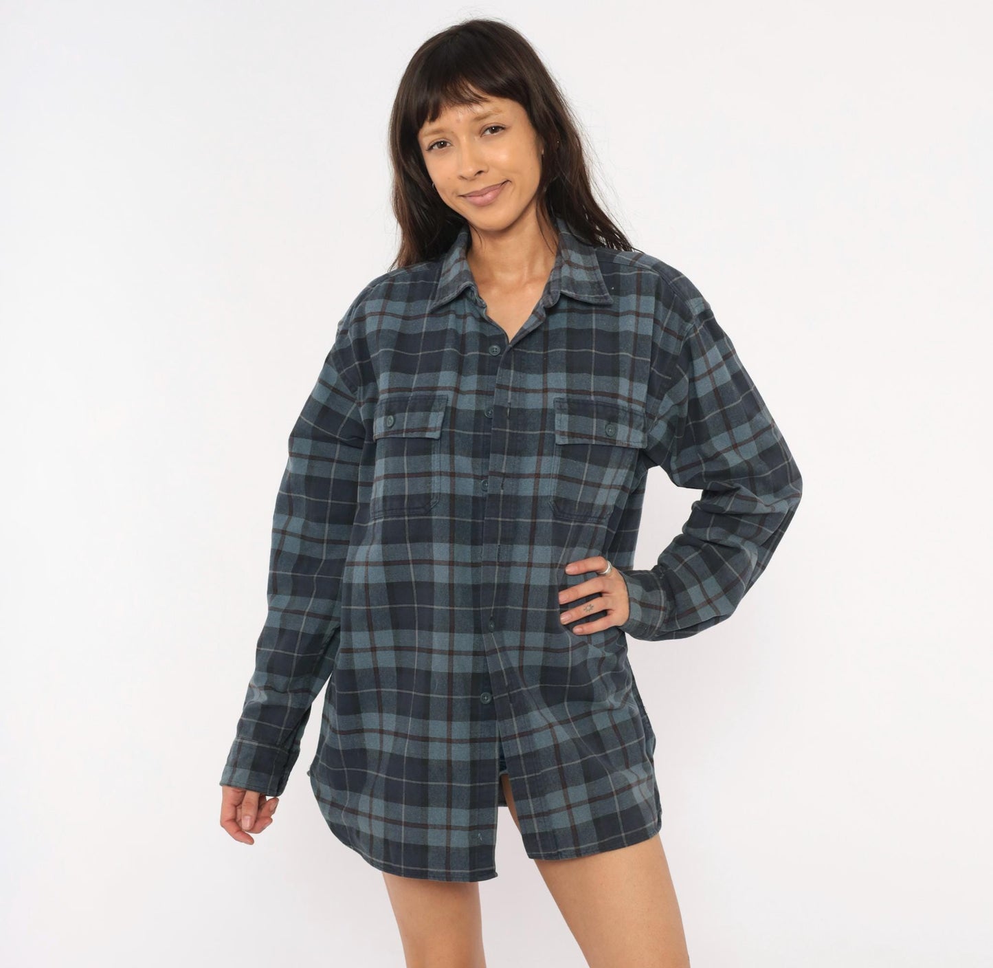 L.L.Bean 2000s Plaid Flannel Shirt Navy Burgundy Cotton Large