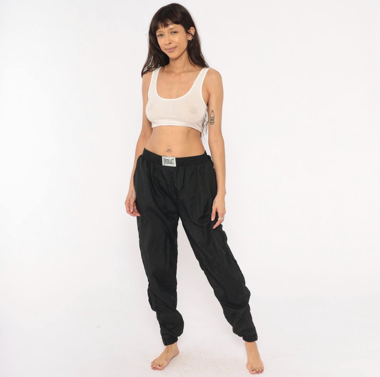 90s Everlast Black Nylon Track Pants Tapered Ankle Zip Medium M